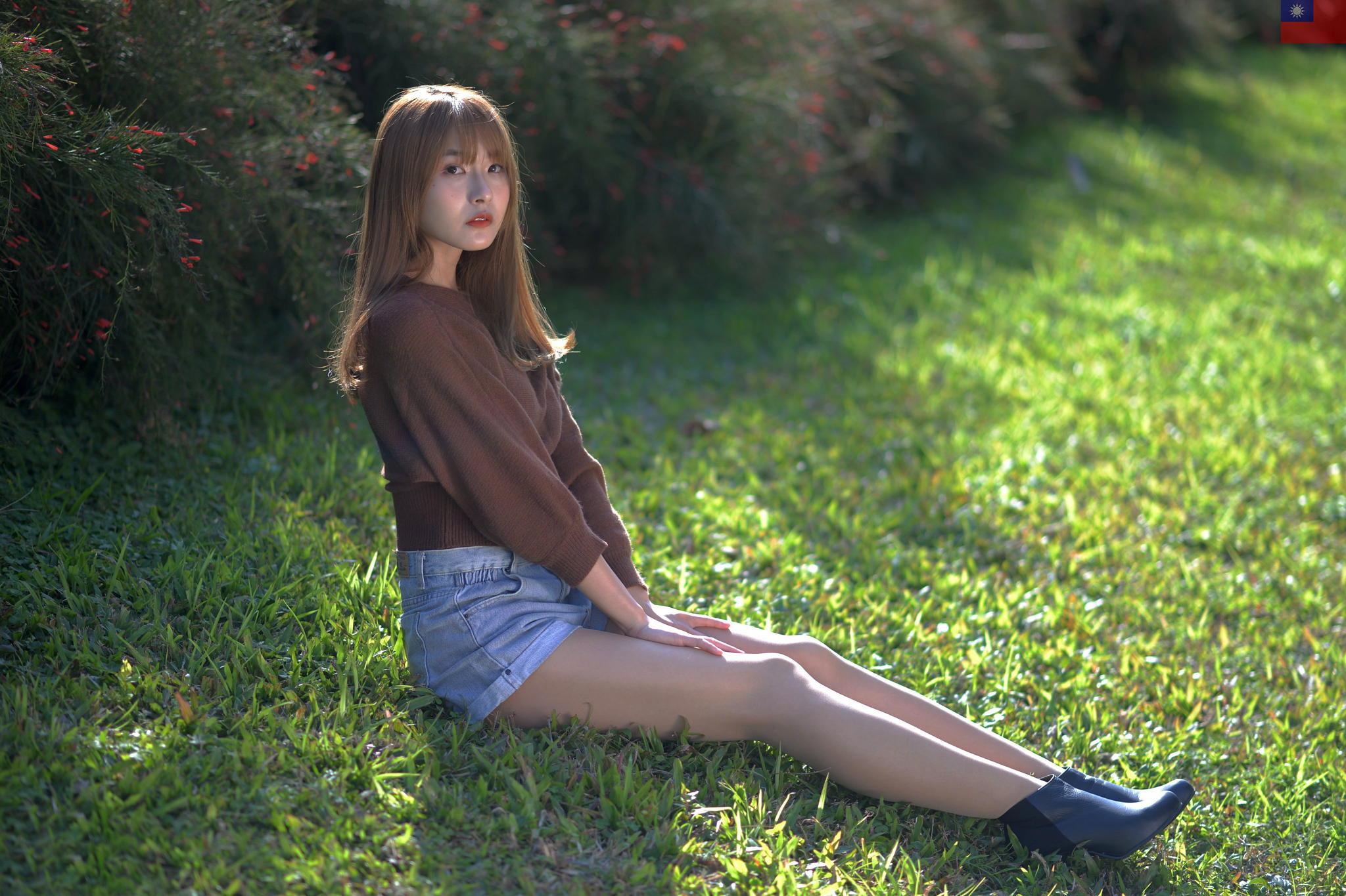 Asian Model Women Sitting Pullover Grass Bushes Depth Of Field Brunette Long Hair Boots 2048x1365