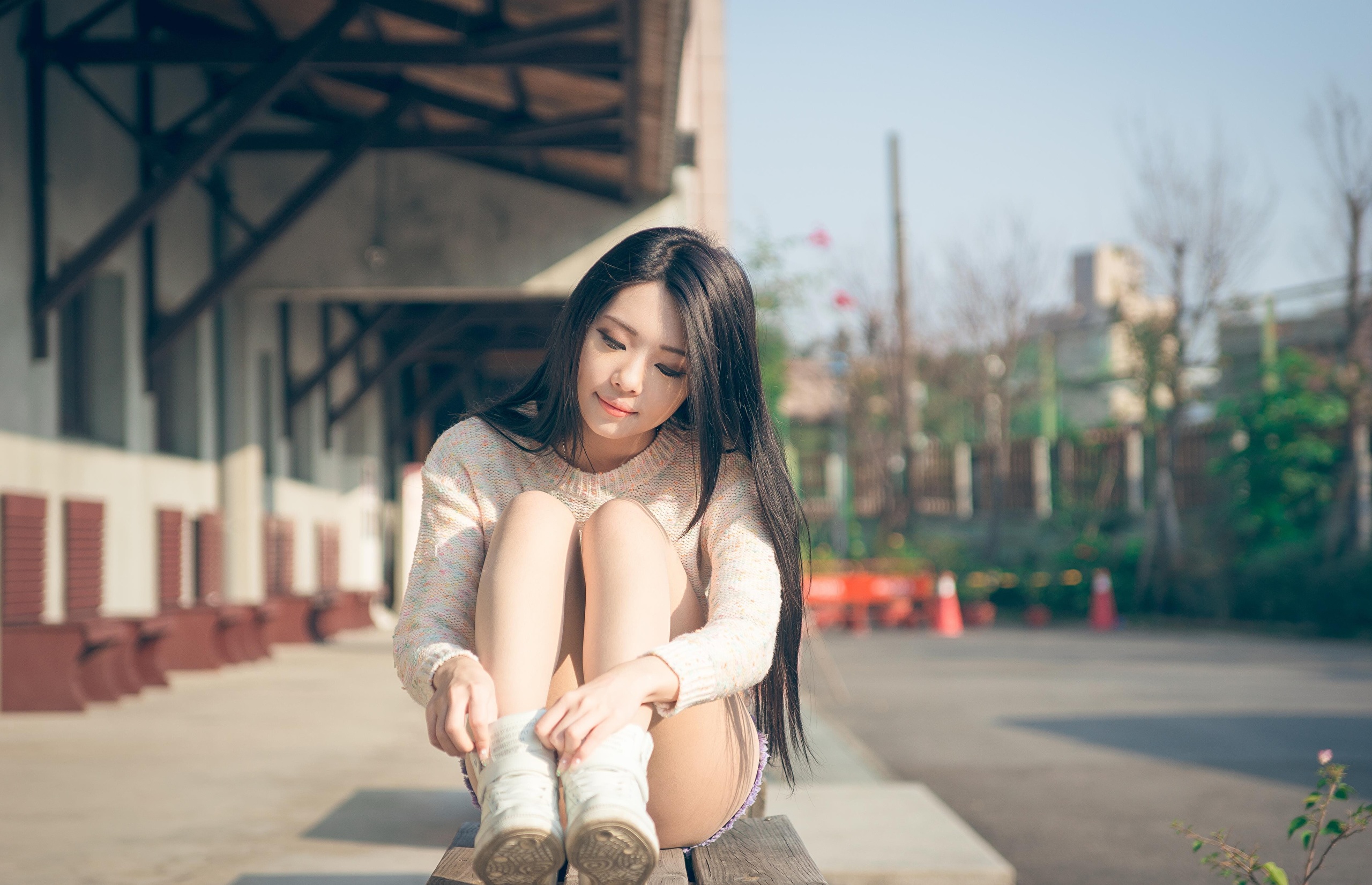 Asian Model Women Long Hair Dark Hair Depth Of Field Sitting Holding Legs Pullover Shorts Sneakers T 2560x1651
