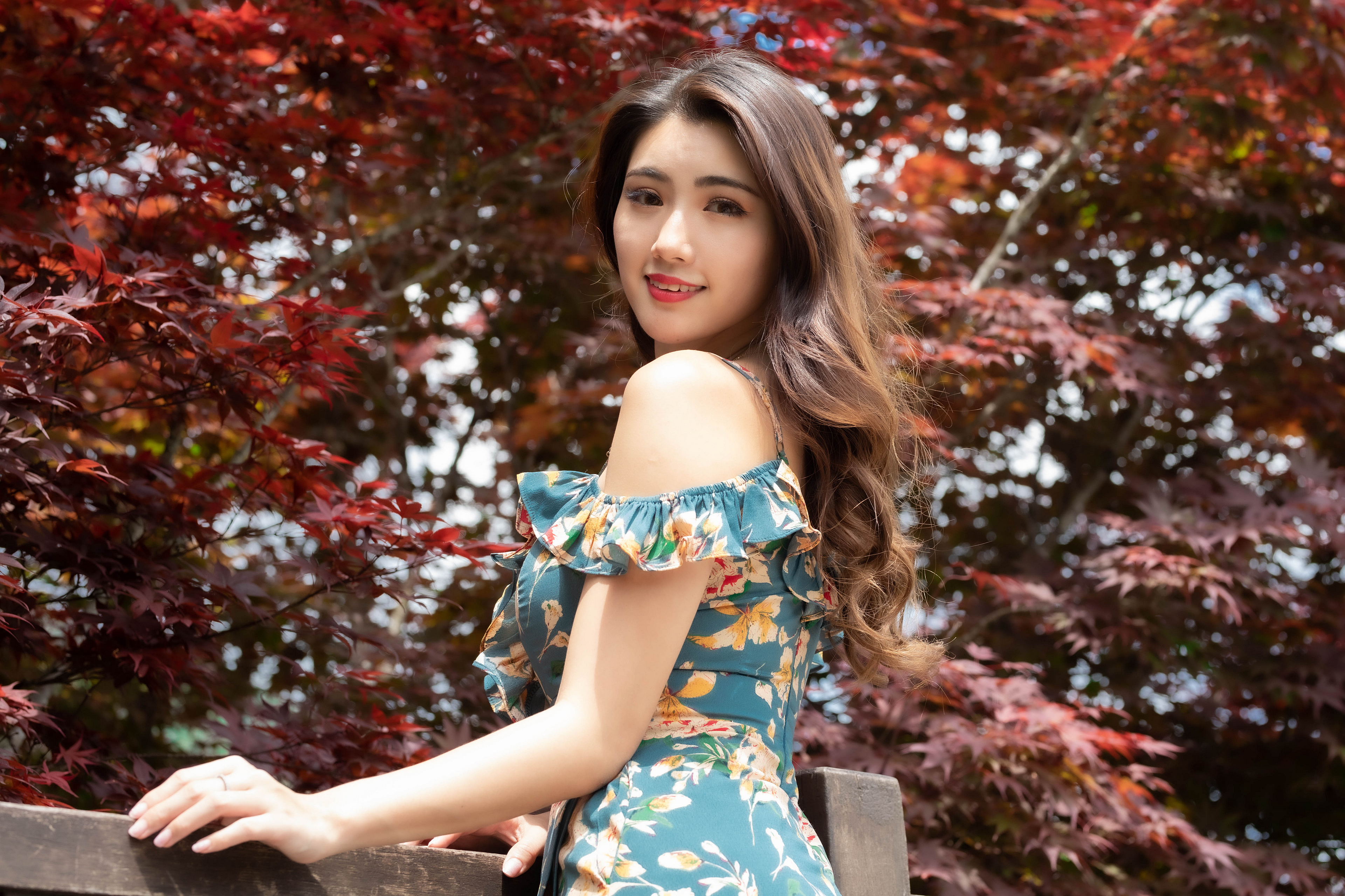 Asian Model Women Long Hair Dark Hair Depth Of Field Trees Leaves Flower Dress Railings Leaning Look 3840x2560