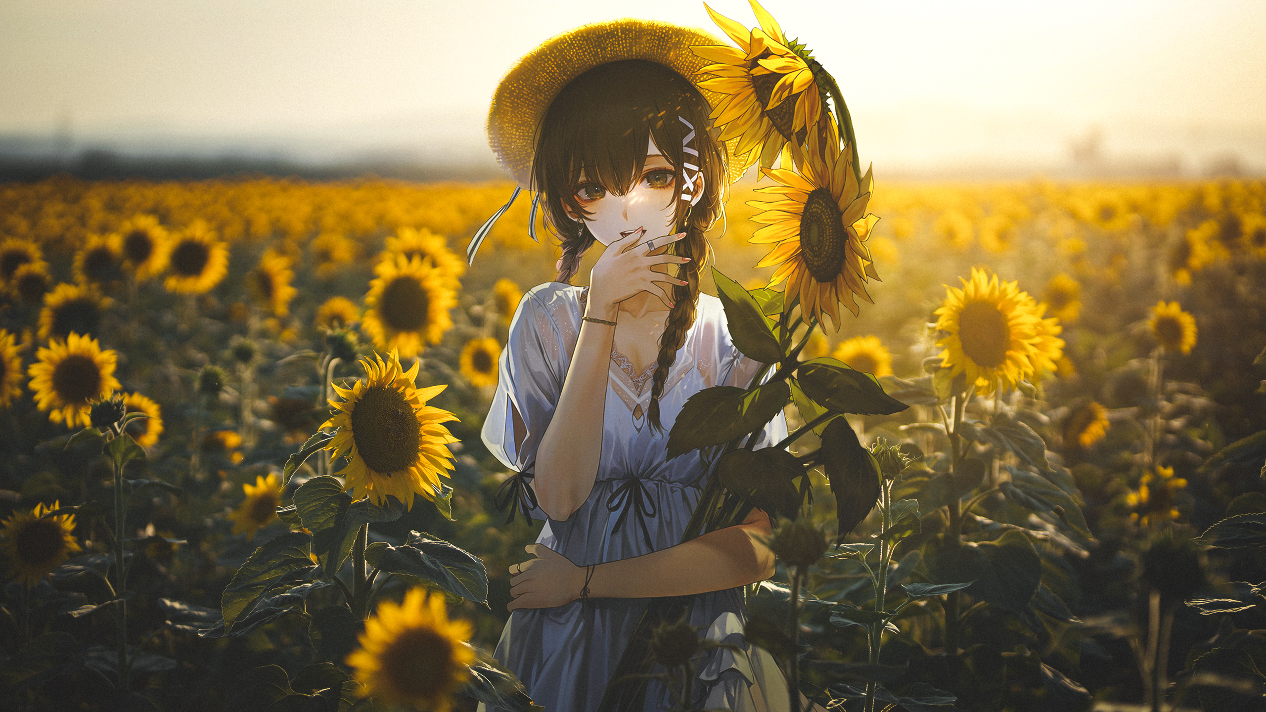 Anime Collage Sunflowers Field Anime Girls Braids Brunette Brown Eyes Straw Hat Dress 2560x1440