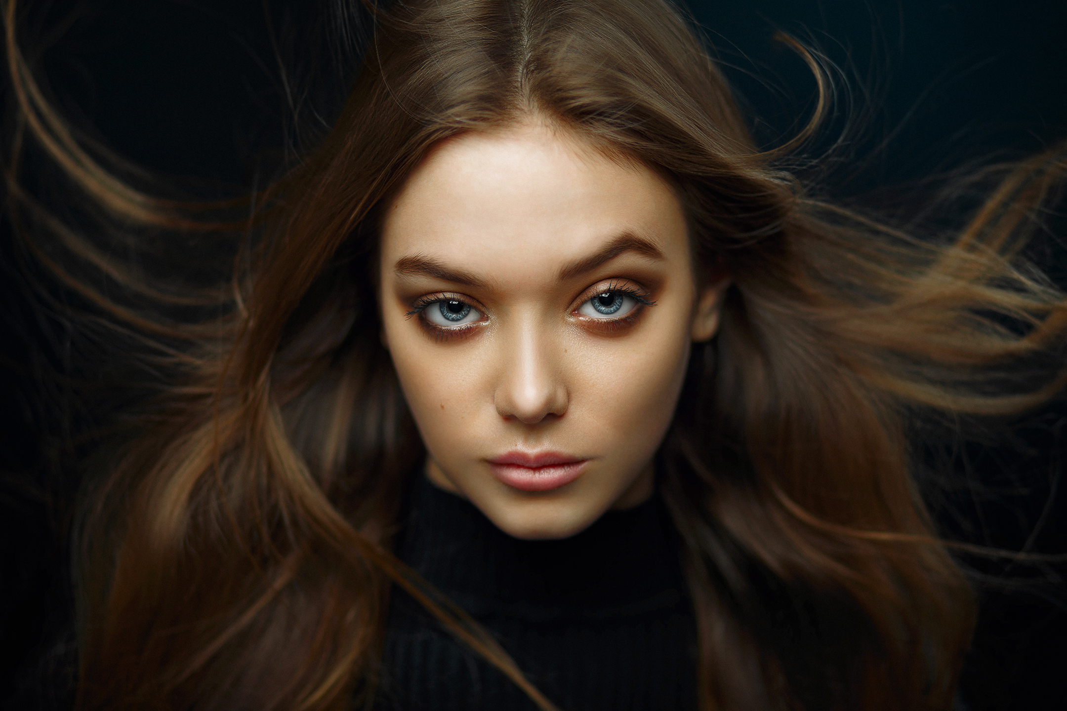 Ivan Kovalyov Women Brunette Long Hair Portrait Messy Hair Blue Eyes Black Clothing Simple Backgroun 2160x1440