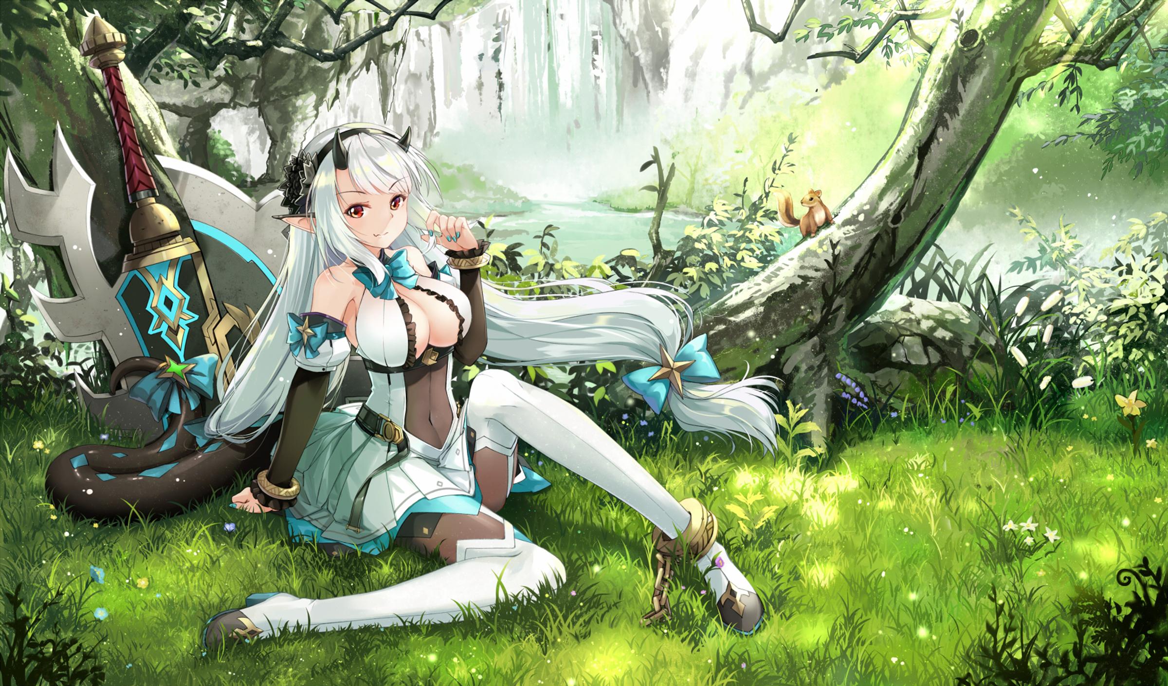 Yufine Epic Seven White Hair Epic Seven Horns Sitting Red Eyes Waterfall 2400x1411