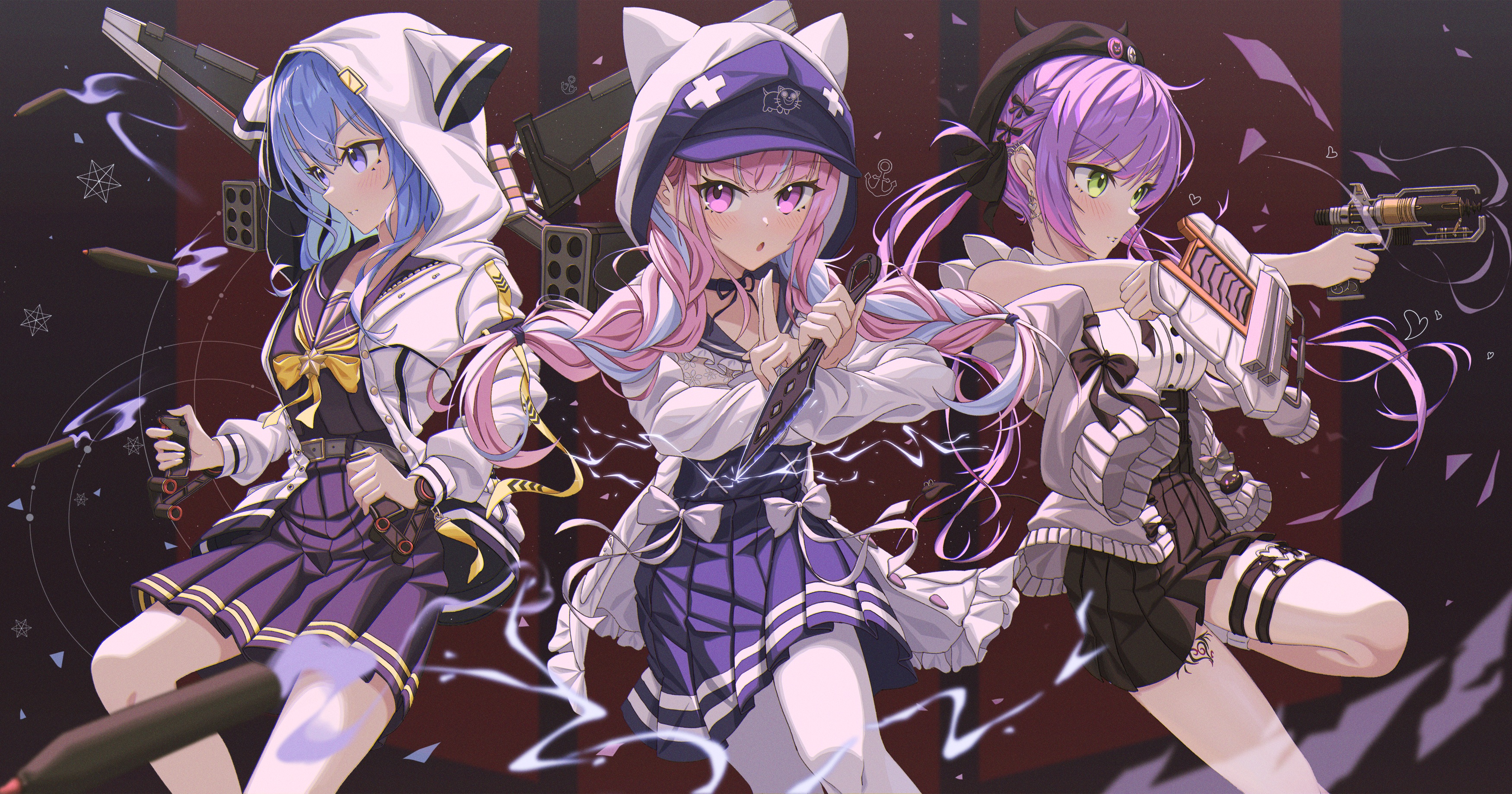 Anime Anime Girls Pink Hair Blue Hair Purple Hair Weapon Gun Green Eyes Pink Eyes Blue Eyes School U 3500x1838
