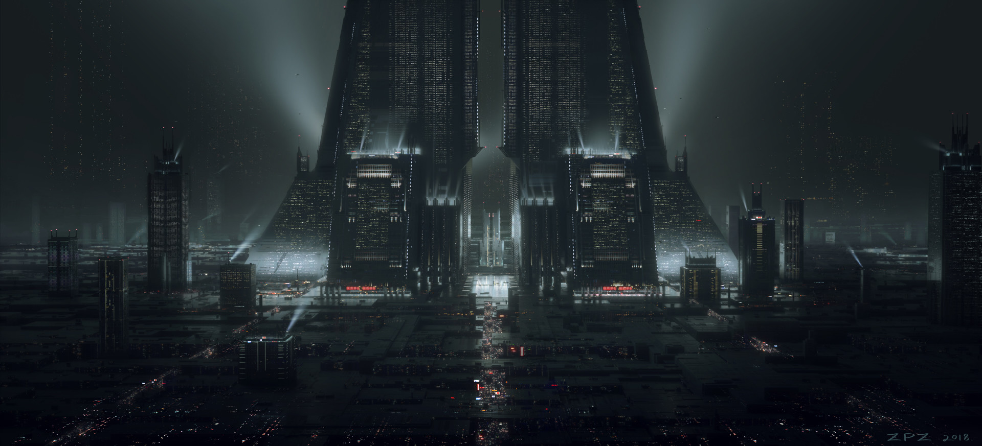 Digital Art Landscape Pengzhen Zhang Cyberpunk Fantasy City Fantasy Architecture Blade Runner 1920x873