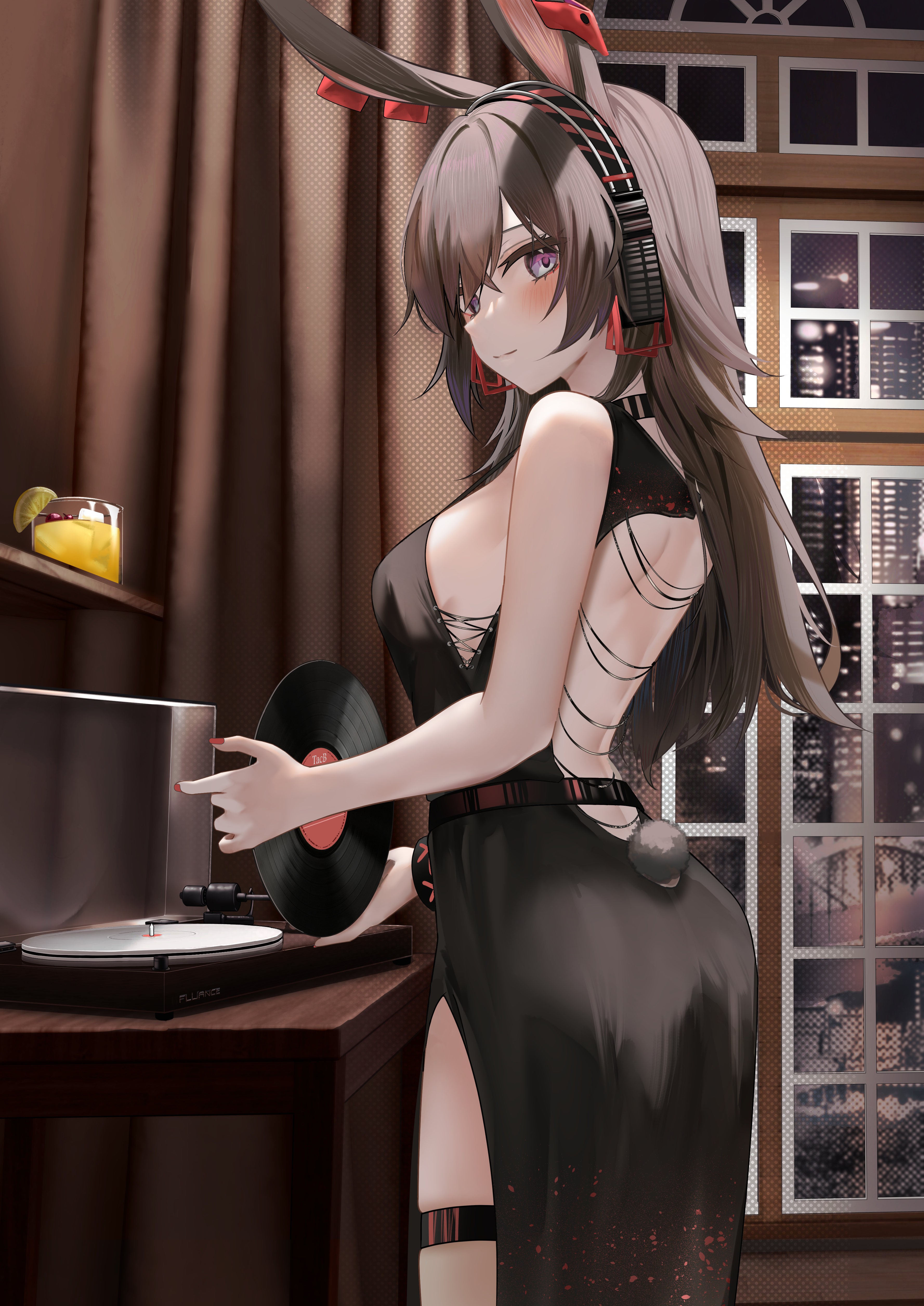 Anime Anime Girls Music Turntables Vinyl Dress Bunny Girl Brunette Blue Eyes April Arknights Arknigh 3555x5023