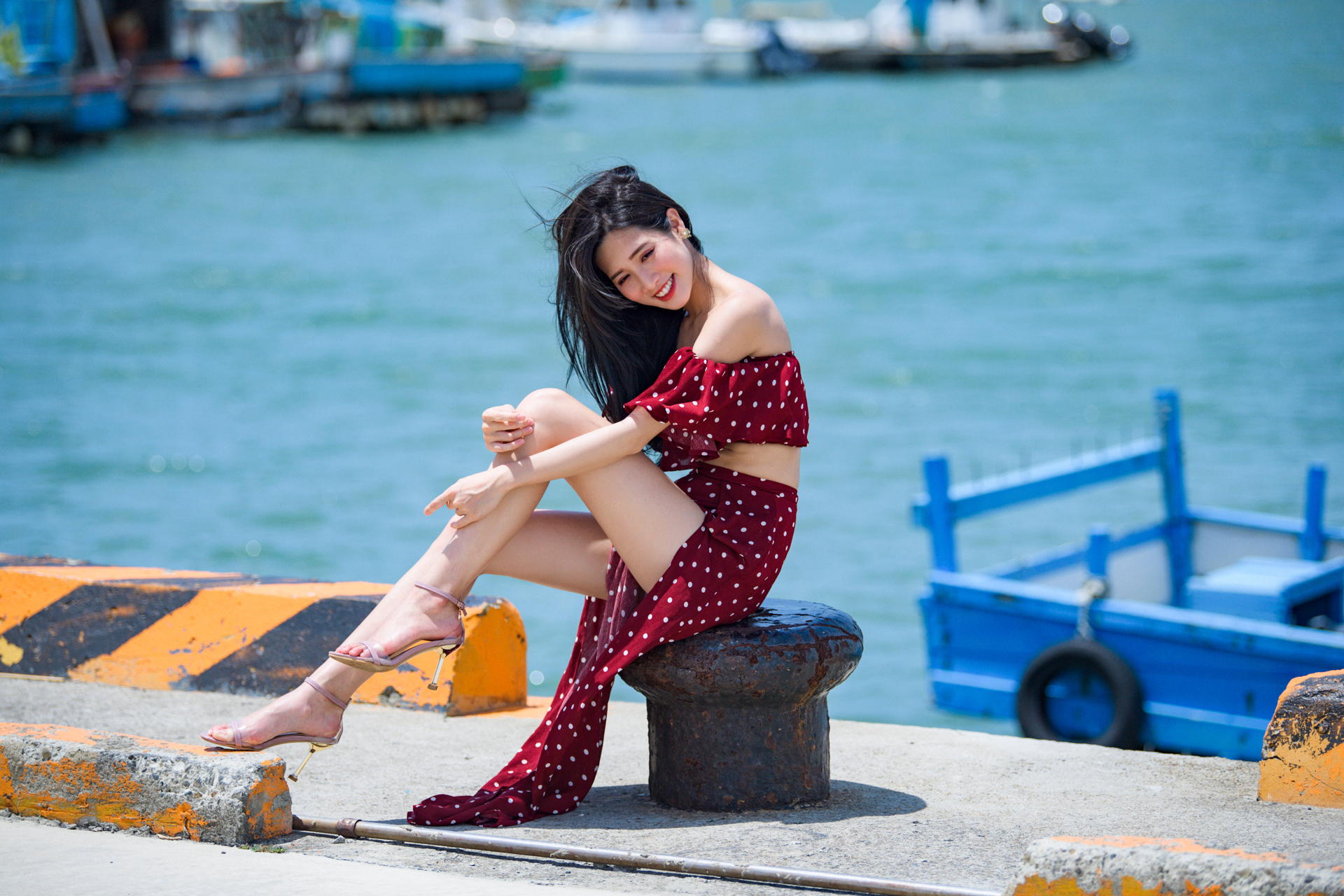 Asian Model Women Long Hair Dark Hair Long Skirt Short Tops Sitting Sea Pier Barefoot Sandal Boat De 1920x1280