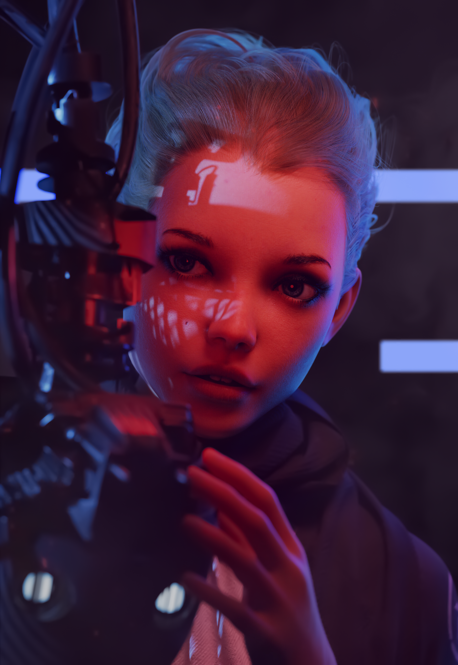 Evan Gintsiak CGi Women Blonde Looking Away Shadow Portrait Wires Red Light 1920x2790