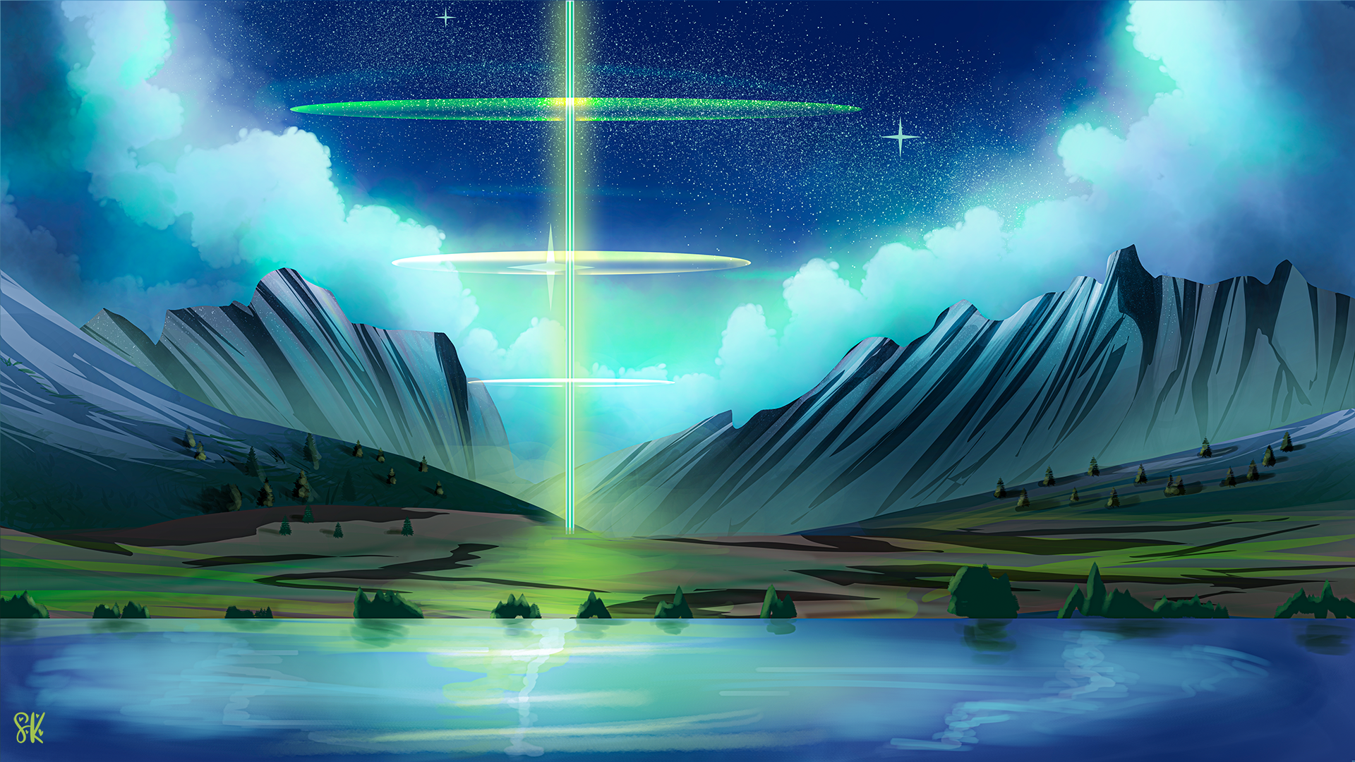 Mountain Top Grass Beam Clouds Lake Reflection Pool Shining Reflection Stars Flares 1920x1080
