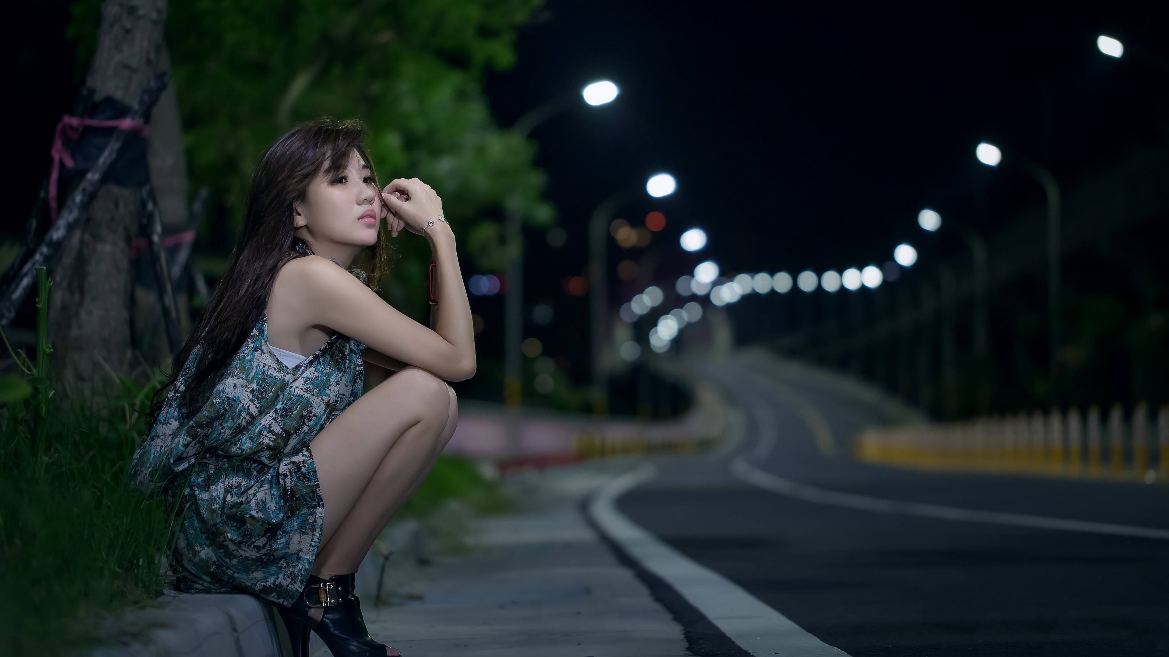 Asian Women Model Women Outdoors Brunette Pink Lipstick Sitting Road Asphalt Makeup Long Hair Dress  3840x2160