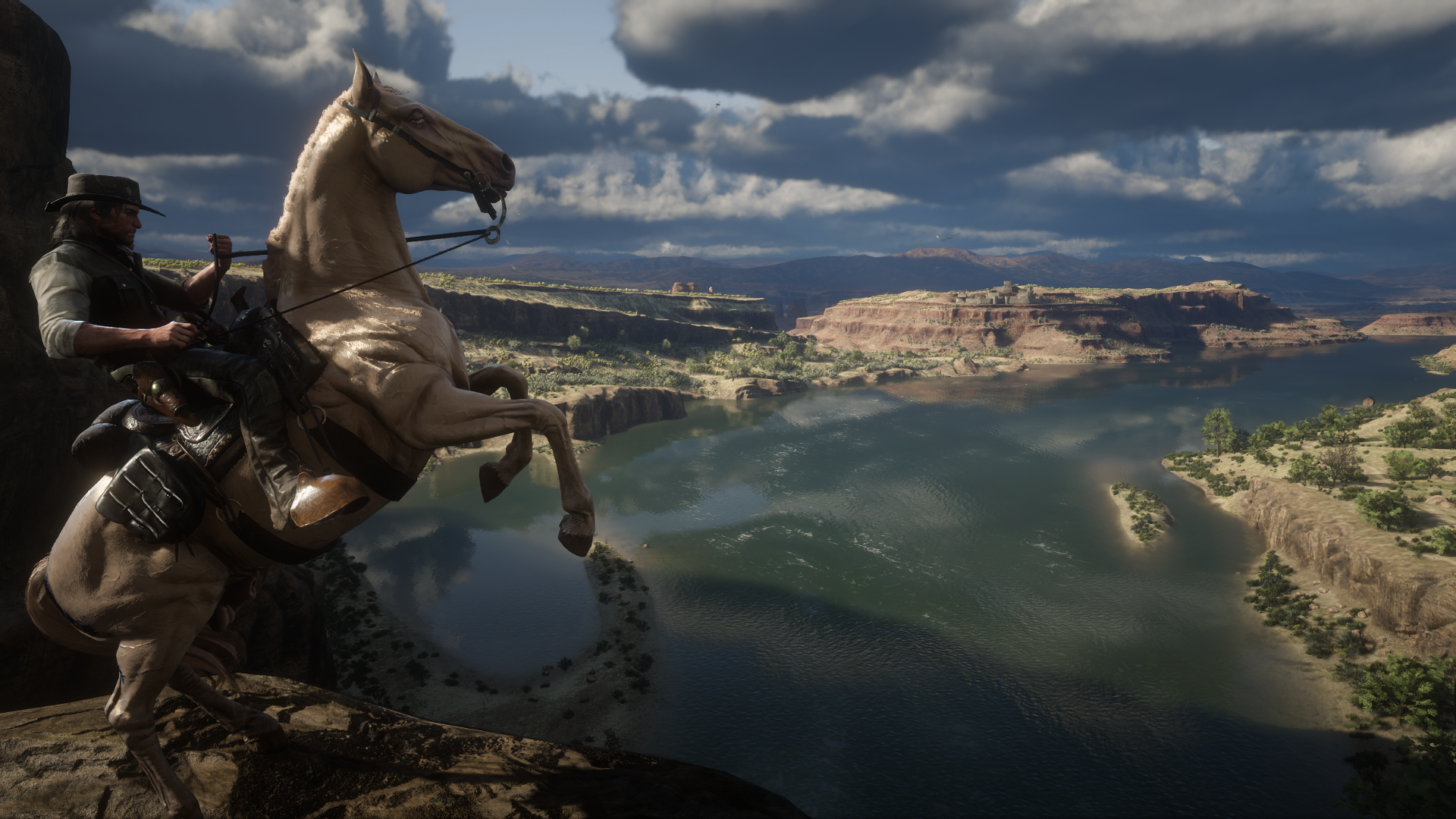 Red Dead Redemption 2 John Marston Spoilers Horse Landscape Screen Shot Clouds Lake 1920x1080