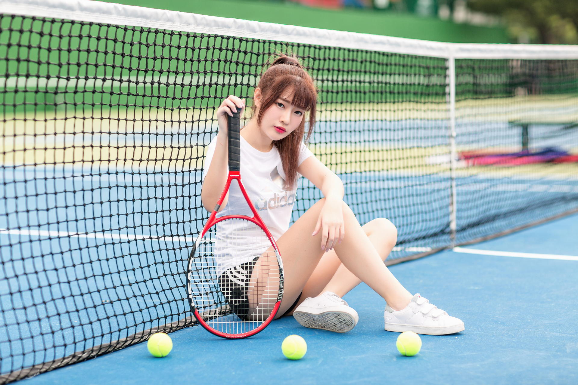 Asian Model Women Tennis Court Sitting Tennis Rackets Sneakers Shirt Tennis Balls Depth Of Field Pon 1920x1280
