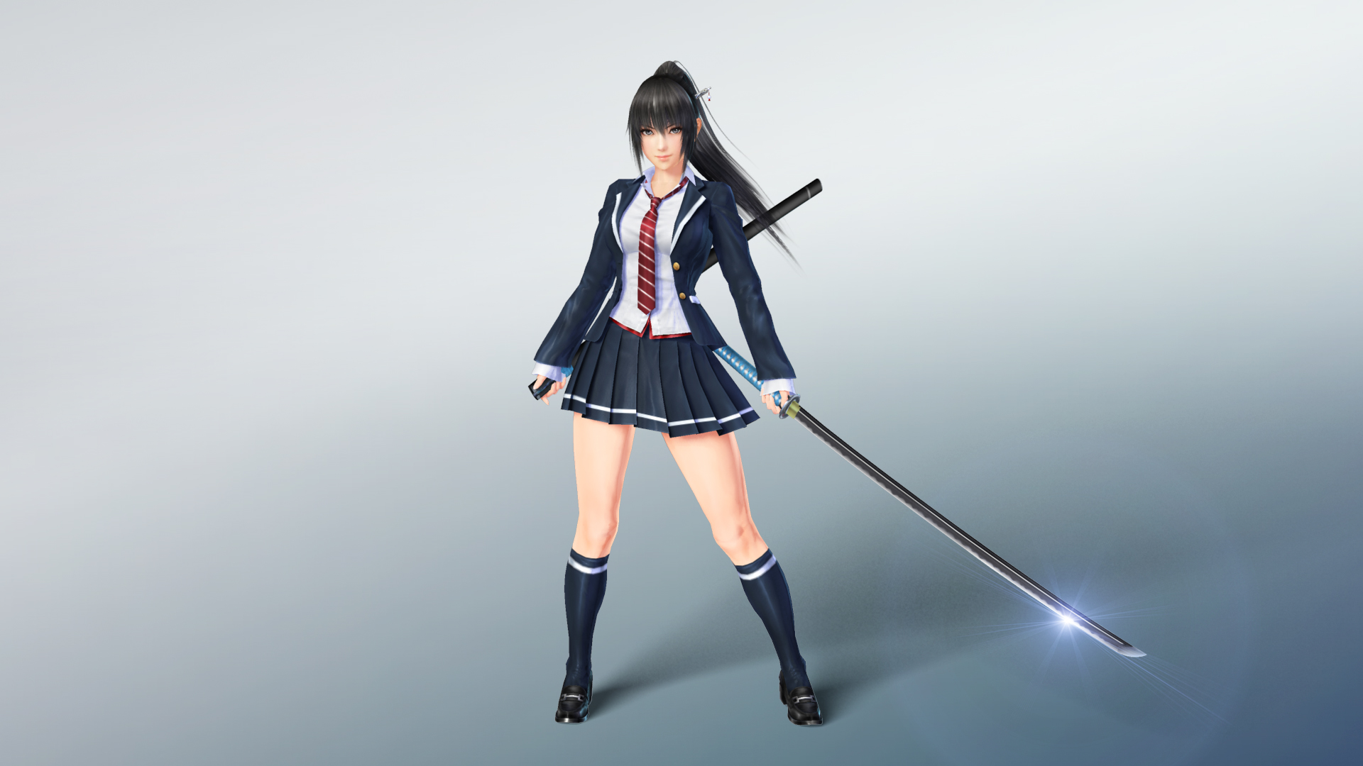 Girl Long Hair Ponytail Katana School Uniform Black Hair Tie Skirt Weapon Misa Mitsurugi Kamui Hikae 1920x1080
