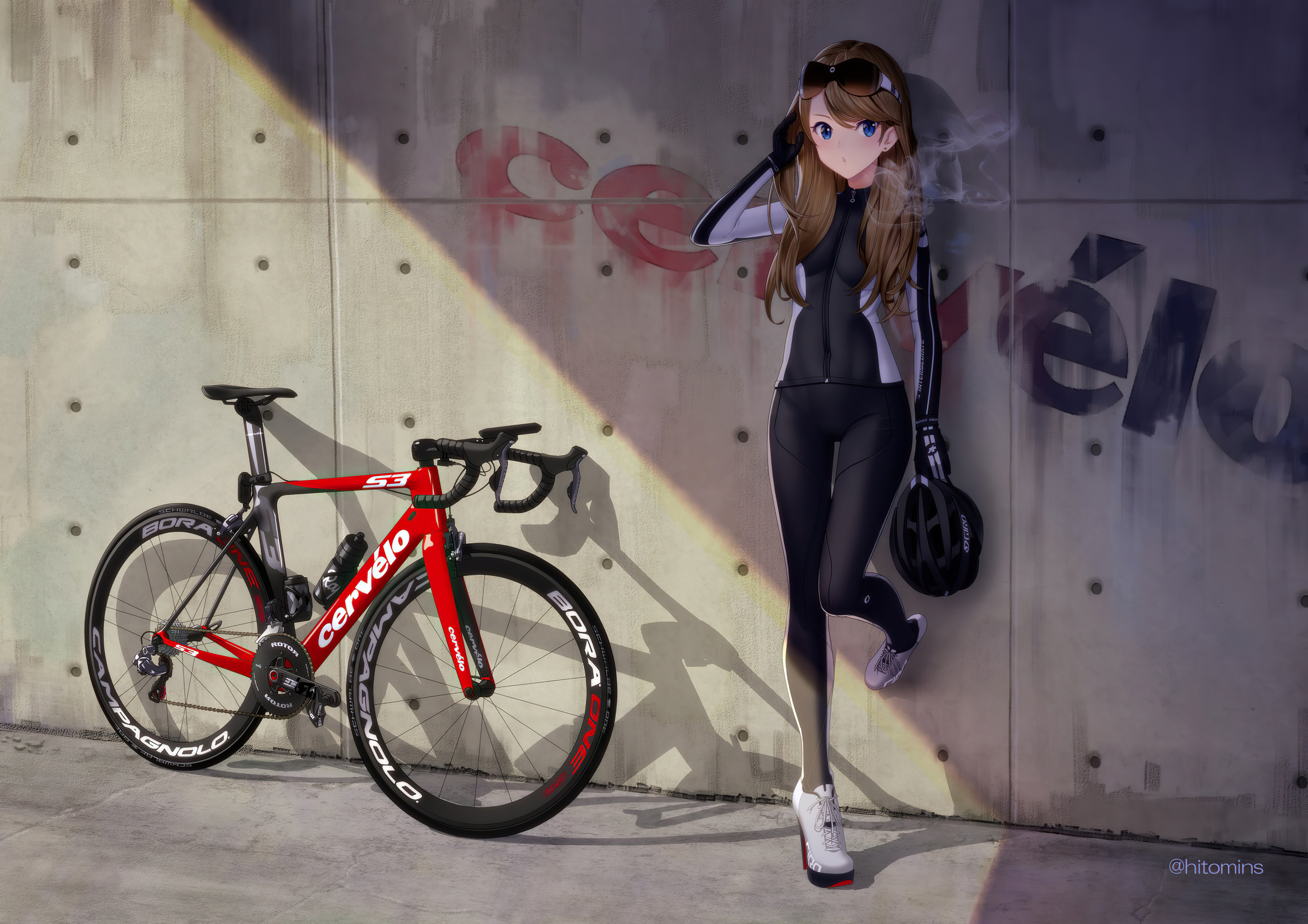 Anime Girls Biker Girl Artwork Hitomi Kazuya Bicycle Brunette Blue Eyes Hitomin 3840x2715
