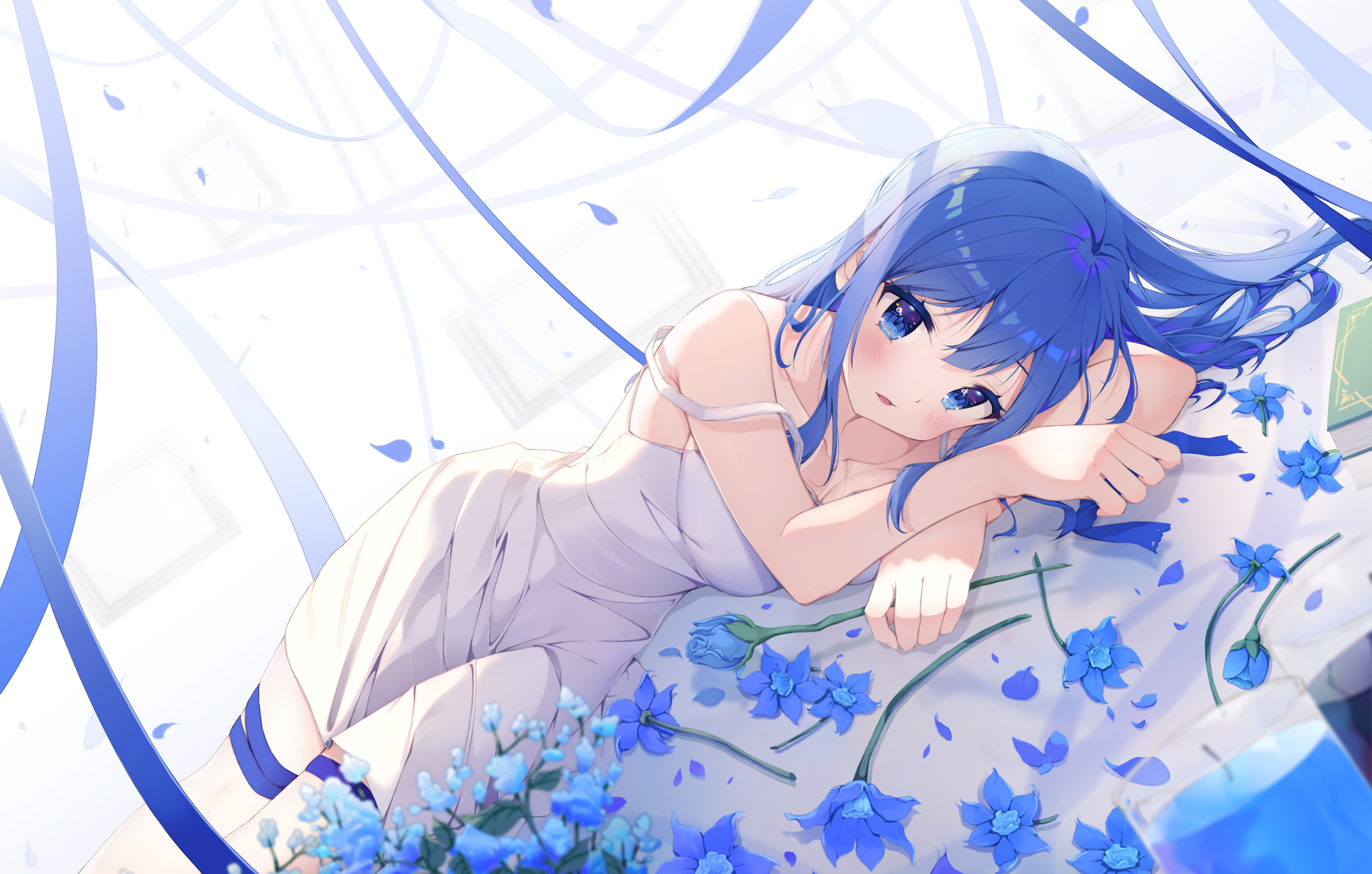 Anime Girls Blue Hair Long Hair Flowers Blue Eyes In Bed Dress Sun Dress Artwork Keis 3345x2131