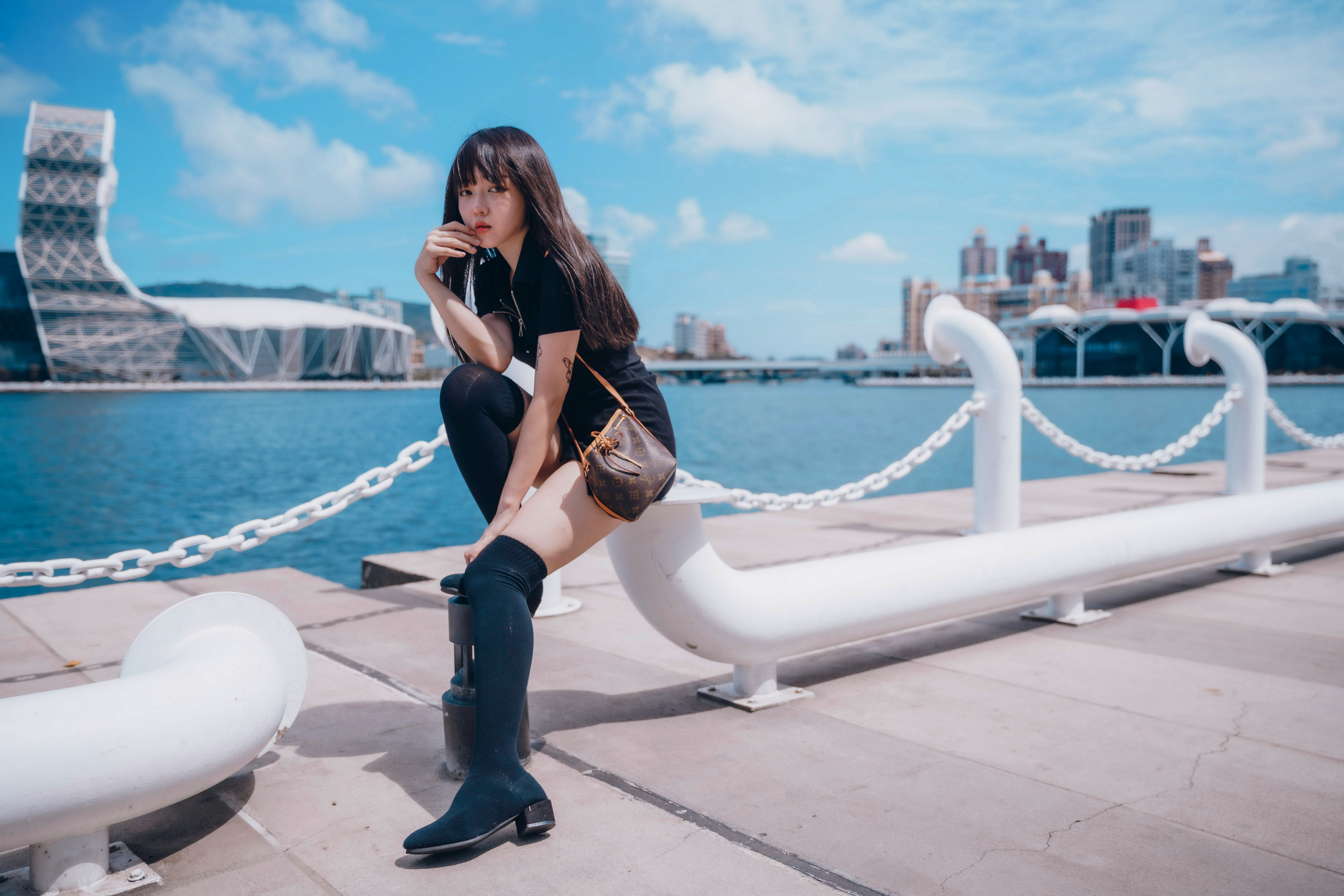 Asian Women Long Hair Dark Hair Model Sitting Knee High Boots Pier Chains Tattoo Black Shirt Black S 3840x2561