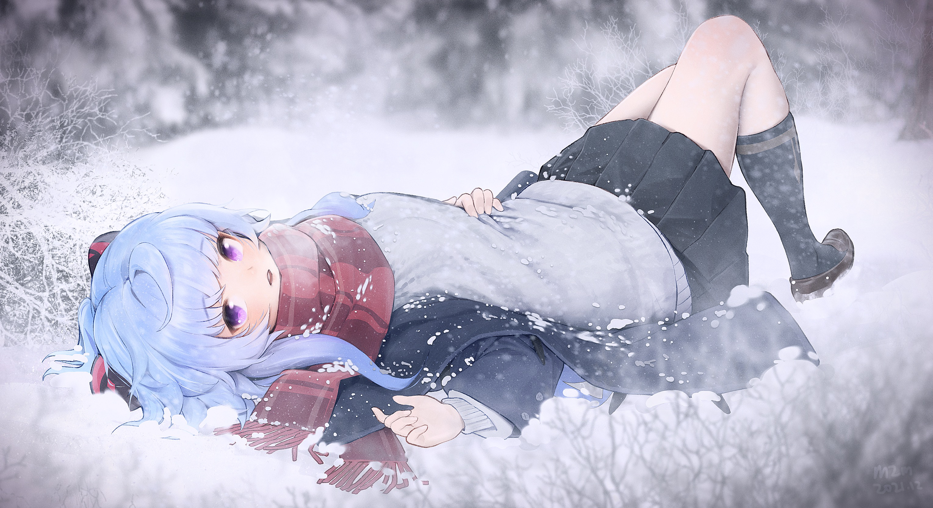 Anime Anime Girls Ganyu Genshin Impact Genshin Impact Snow Horns Scarf 3058x1665