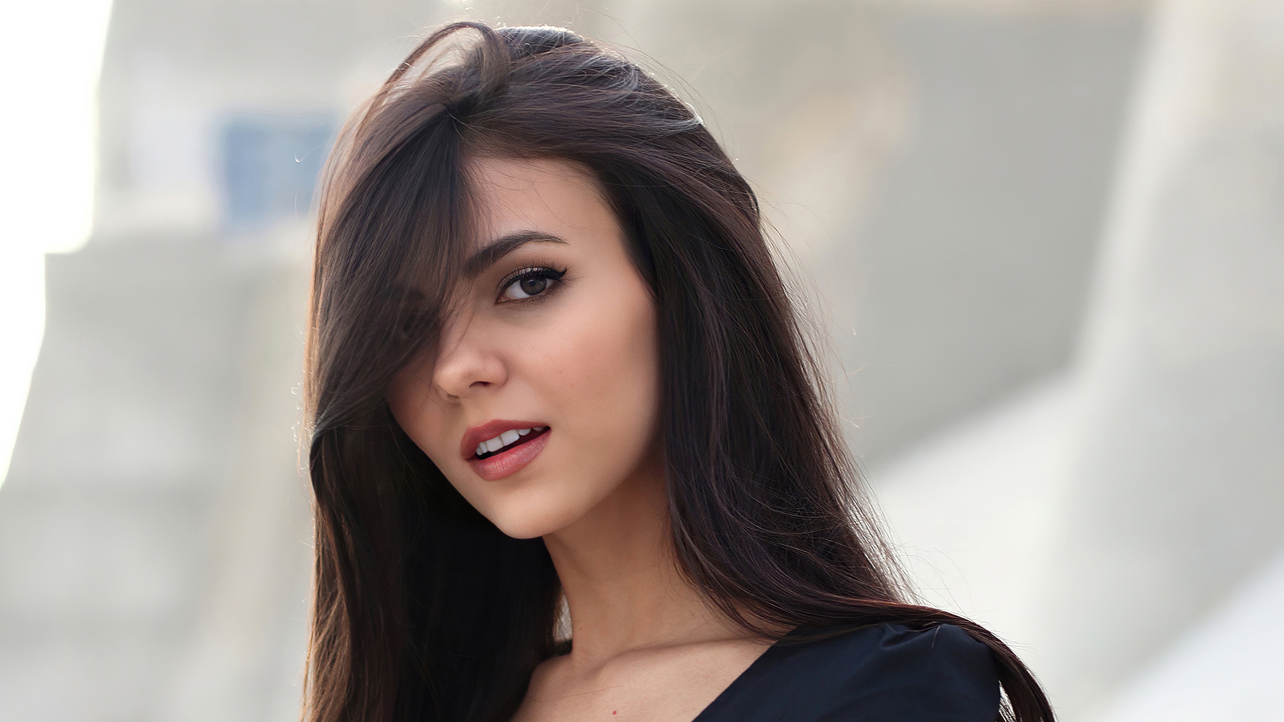 Model Face Red Lipstick Black Dress Victoria Justice Hair In Face Portrait Brunette Open Mouth 2560x1440