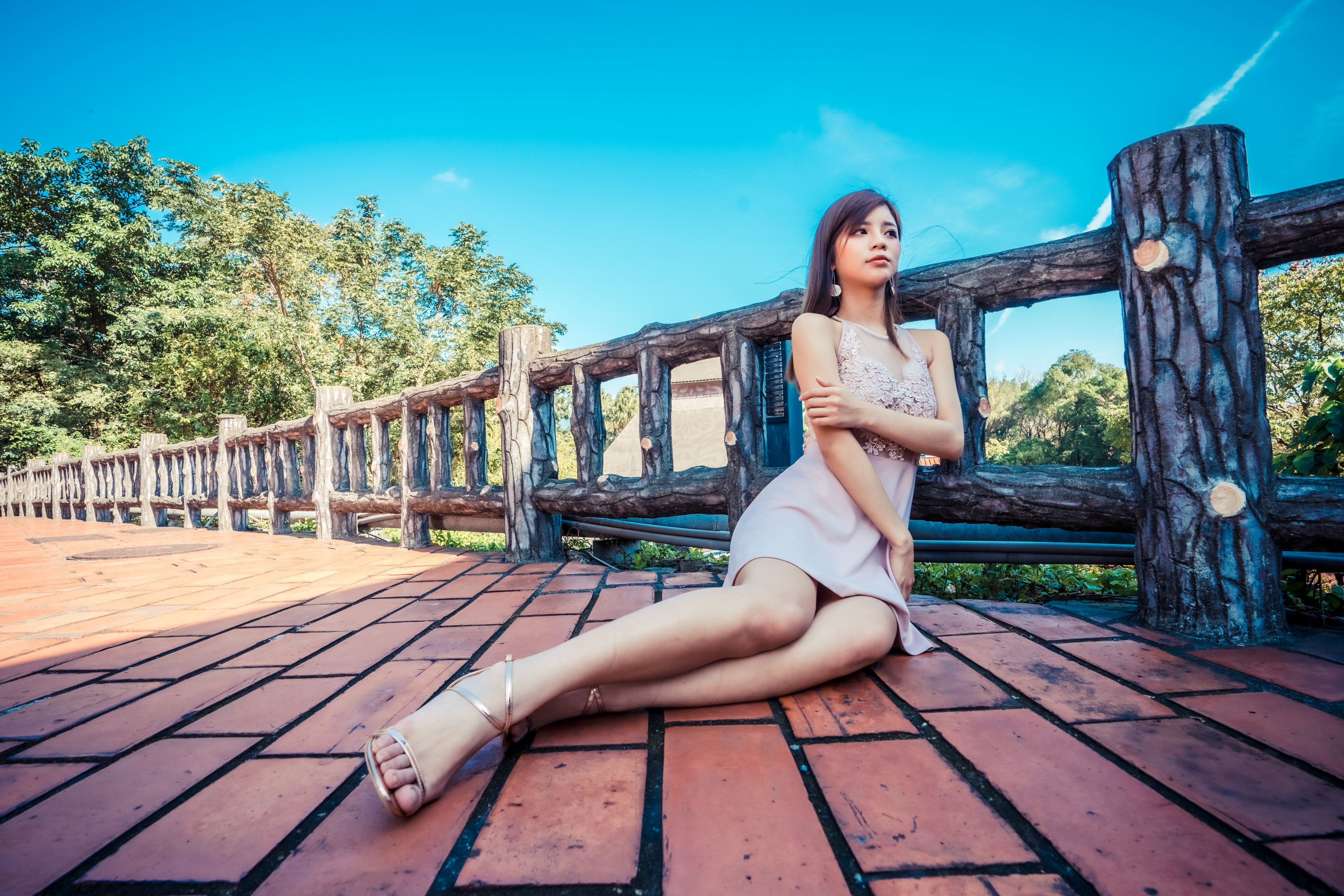 Asian Model Women Long Hair Dark Hair Sitting Railings Tiled Floor Earring Barefoot Sandal Trees Cle 3840x2561