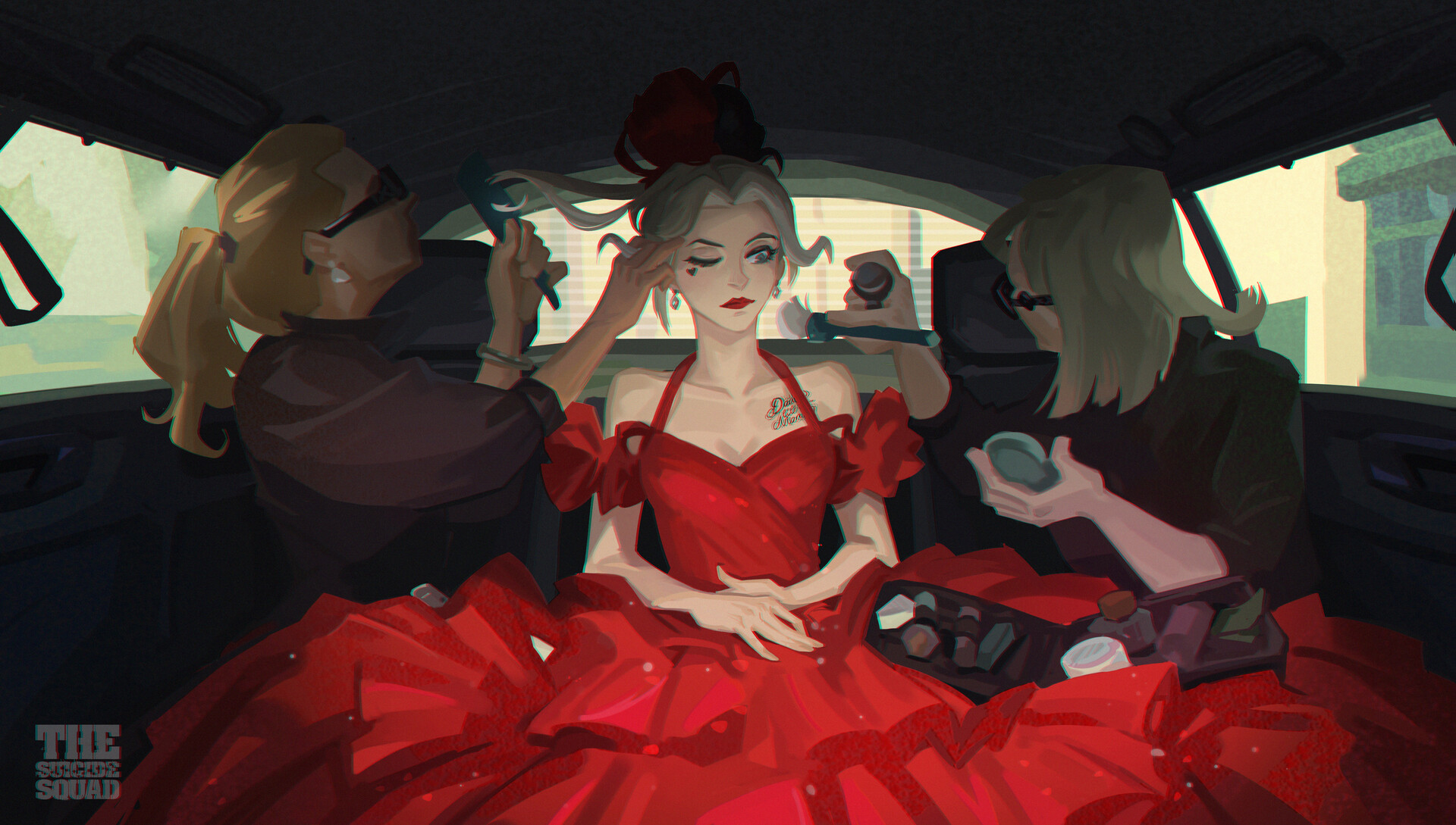 DereK Jiang Artwork Harley Quinn ArtStation Women Makeup Dress Red Dress Car Interior Red Clothing R 1920x1089