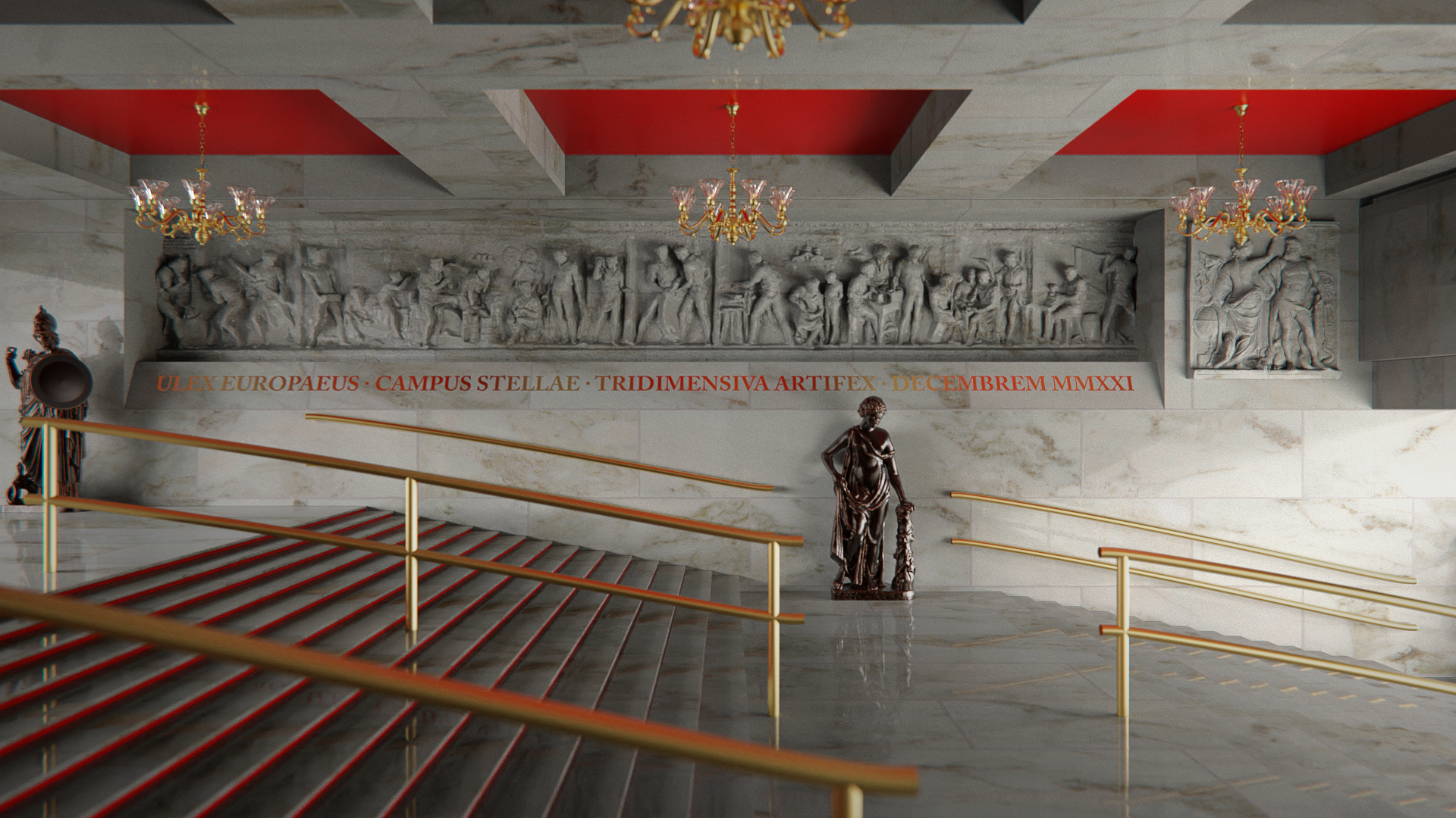 3D Graphics CGi Digital Art Render Stairs Palace Statue Marble 1920x1080