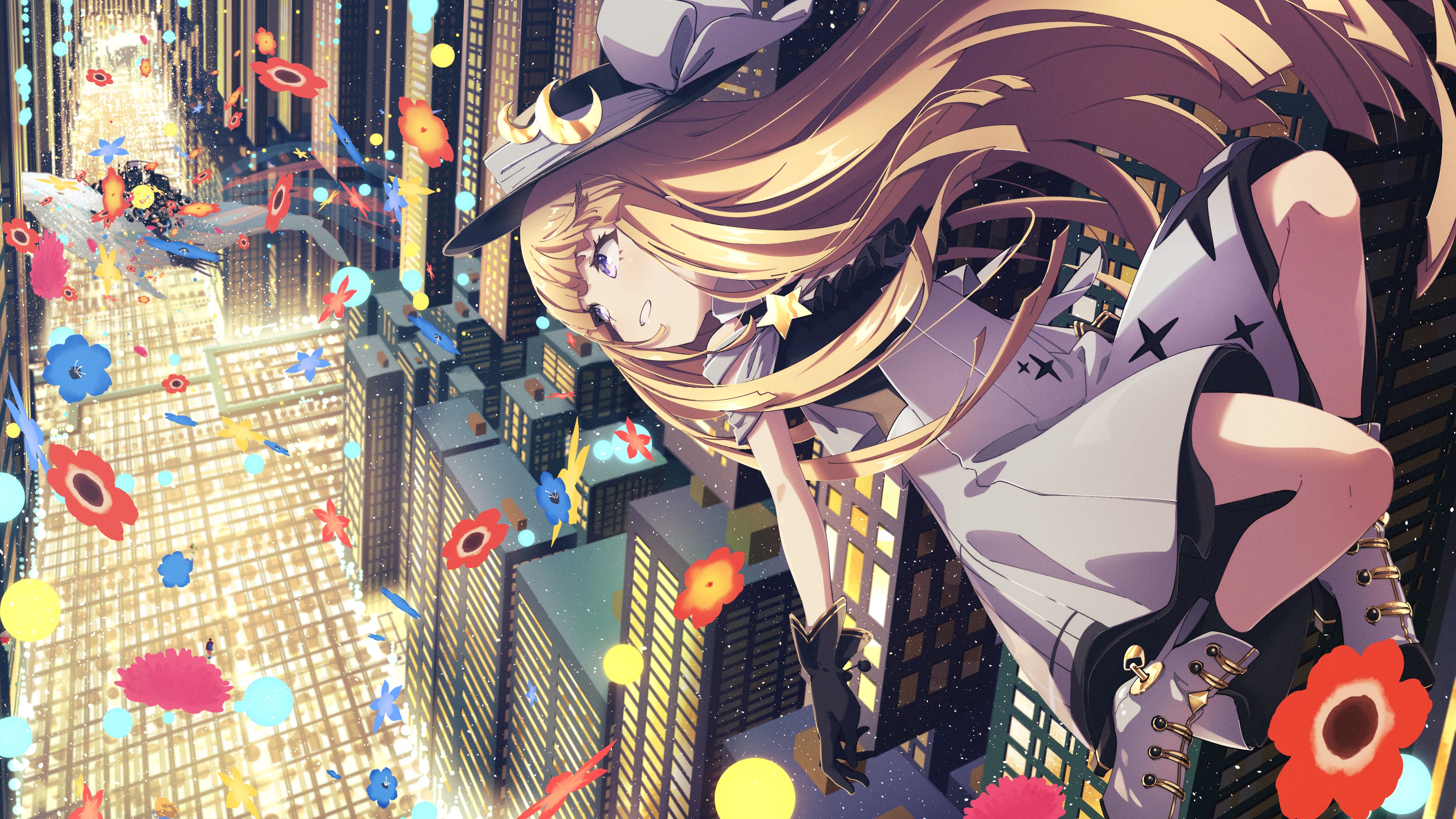 Anime Anime Girls Virtual Youtuber Cityscape Blonde Long Hair Dress Hat Schatten 3840x2160