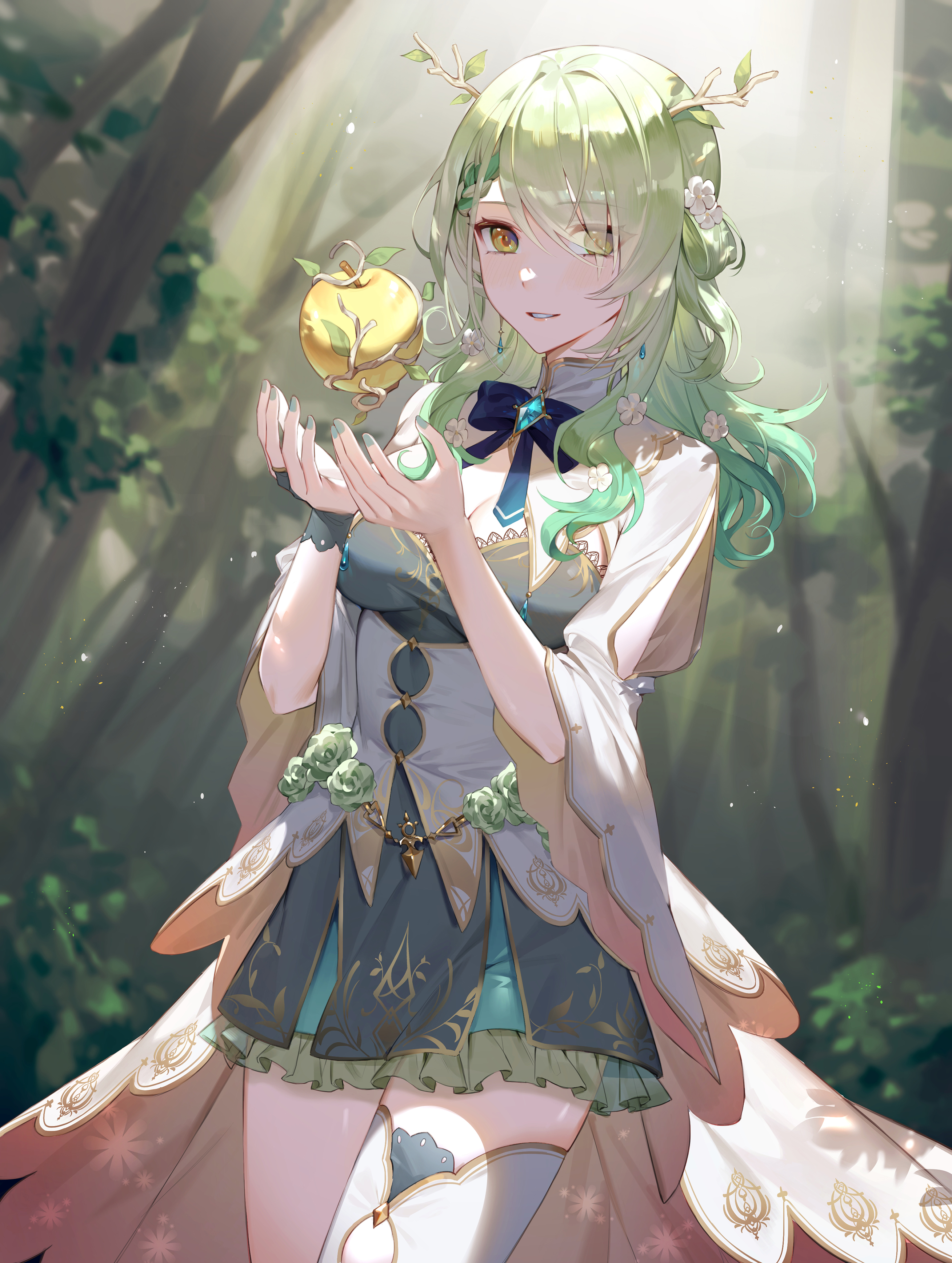 Ceres Fauna Dress Hana3901 Hololive Horns Thigh Highs Antlers Apples Blue Ribbons Branch Flowers Foo 2618x3474