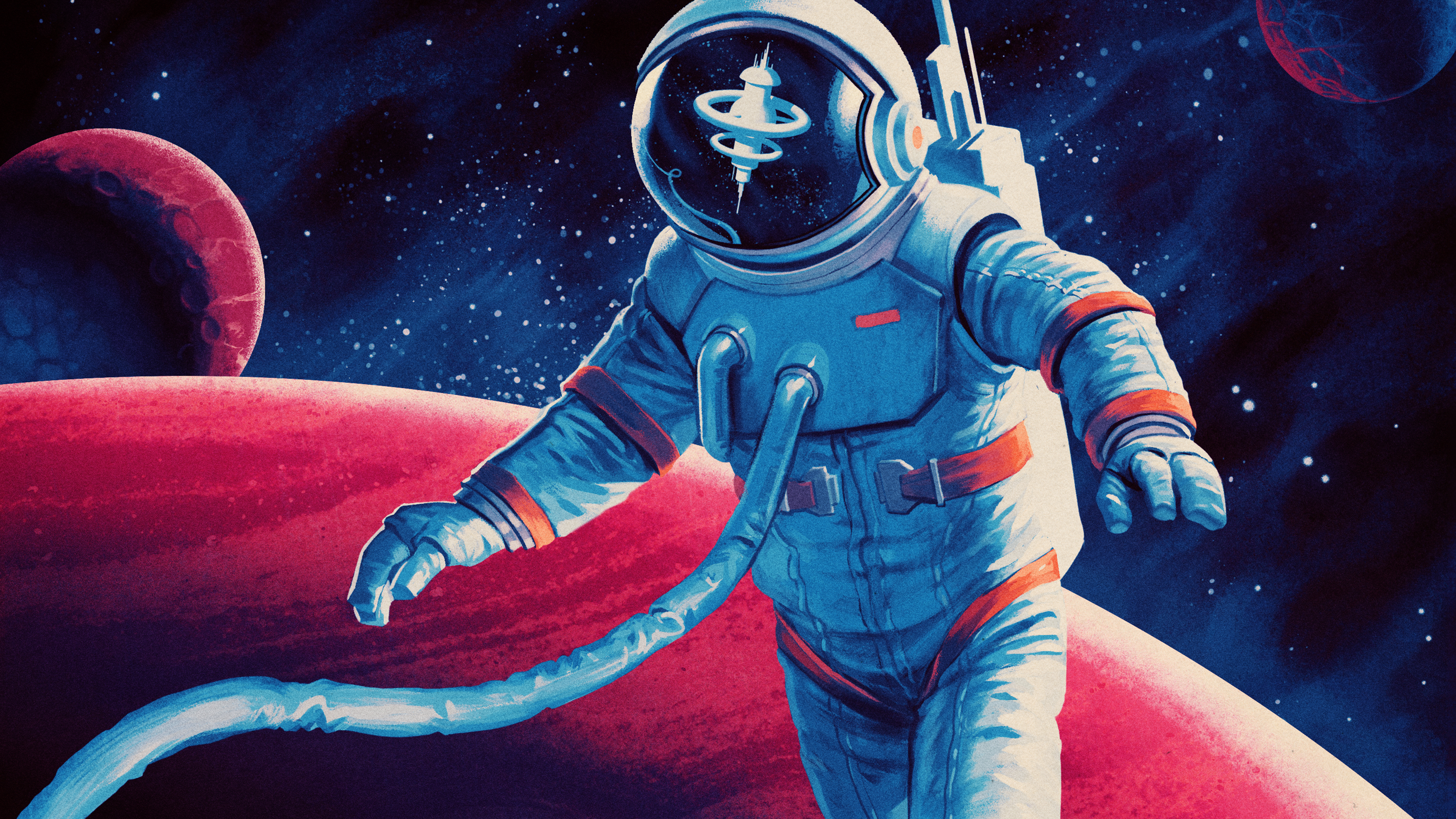 Illustration Science Fiction Retro Science Fiction Astronaut Reflection Space Station Space Planet 3840x2160