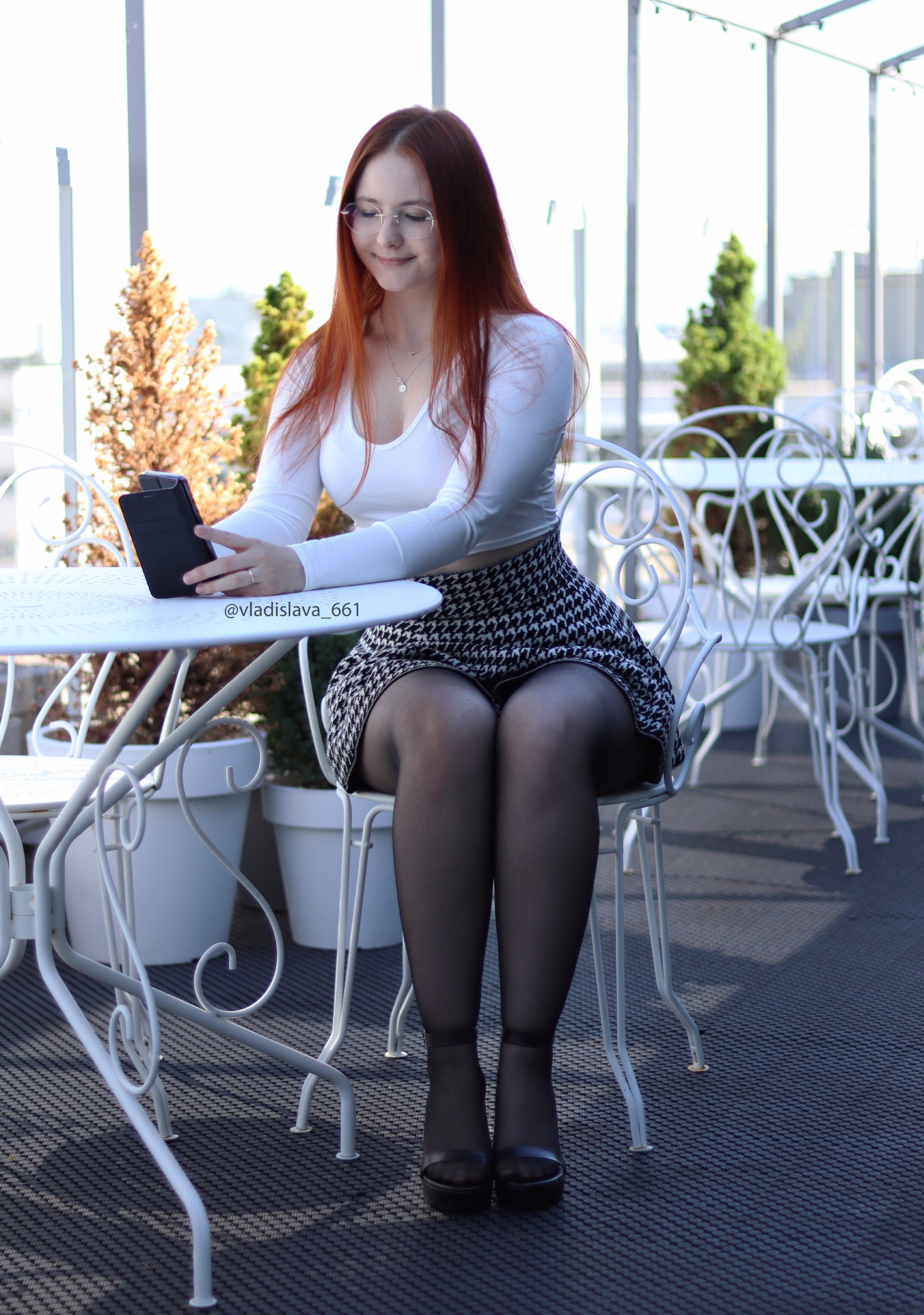 Women Model Redhead White Tops Sitting Outdoors Women Outdoors Tights 2107x3000