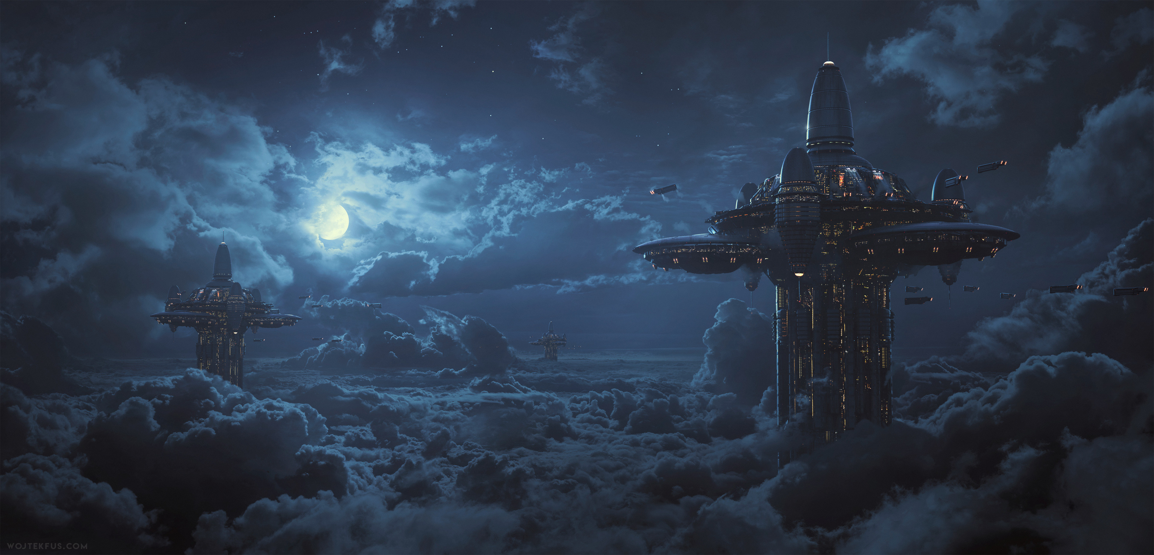 Wojtek Fus Digital Art Science Fiction Moonlight Artwork Sky 3840x1847