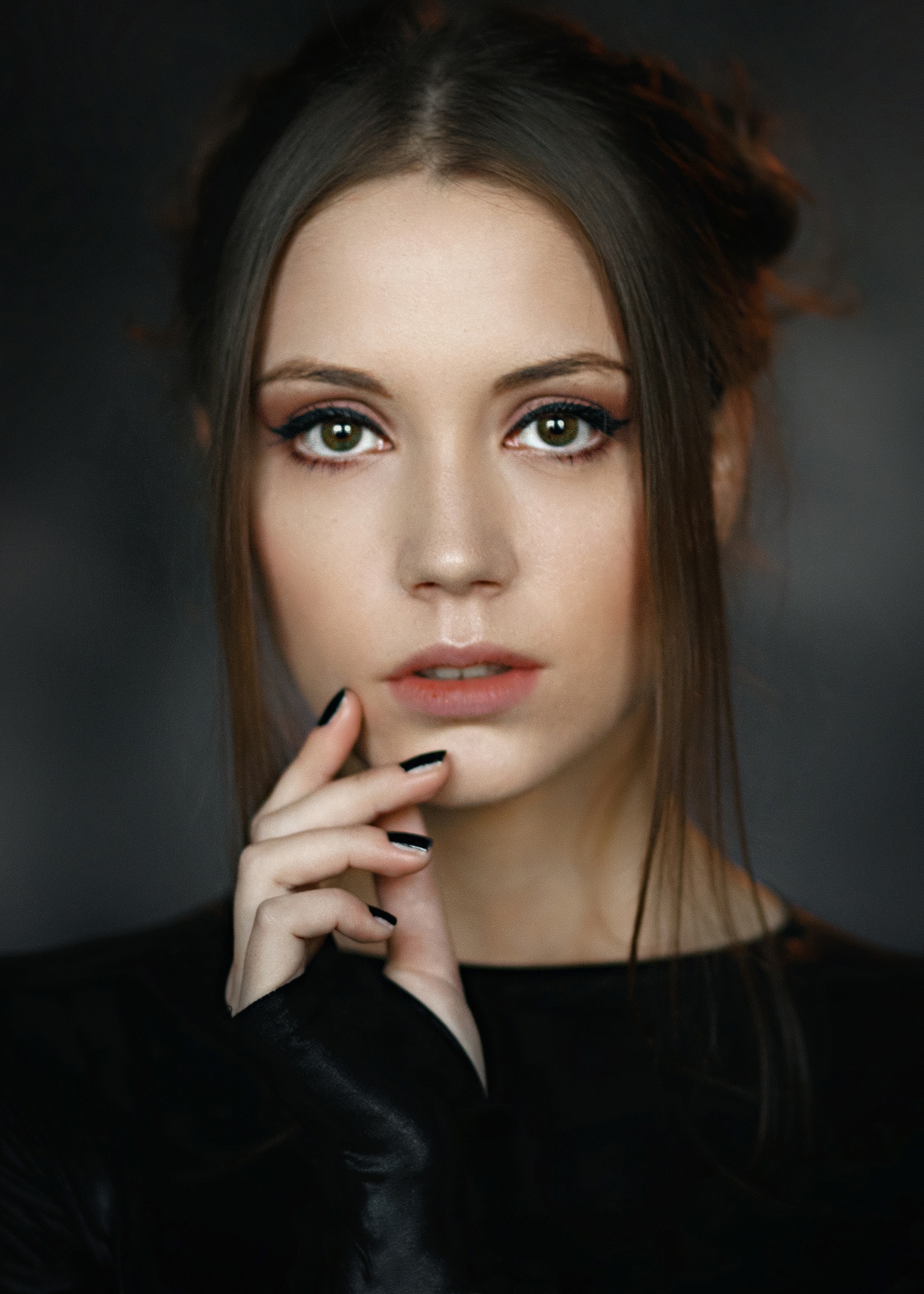 Alexey Kishechkin Women Ksenia Kokoreva Brunette Hairbun Black Nails Black Clothing Makeup Eyeliner  1543x2160