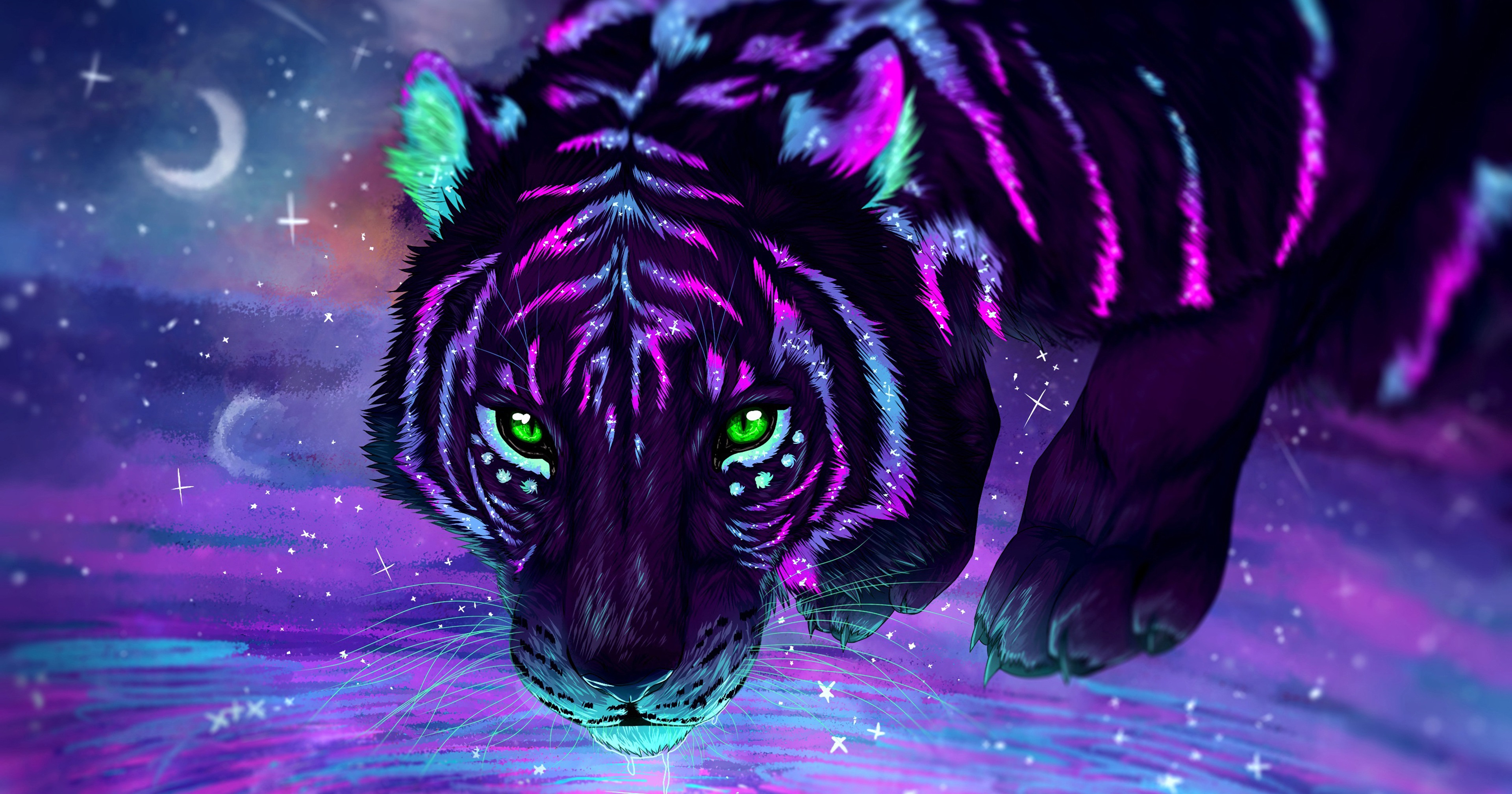 Tiger Animals Head Sky Space Illustration Sunset Lights Dark Night Nature Glowing Wildcats Concept A 3840x2016