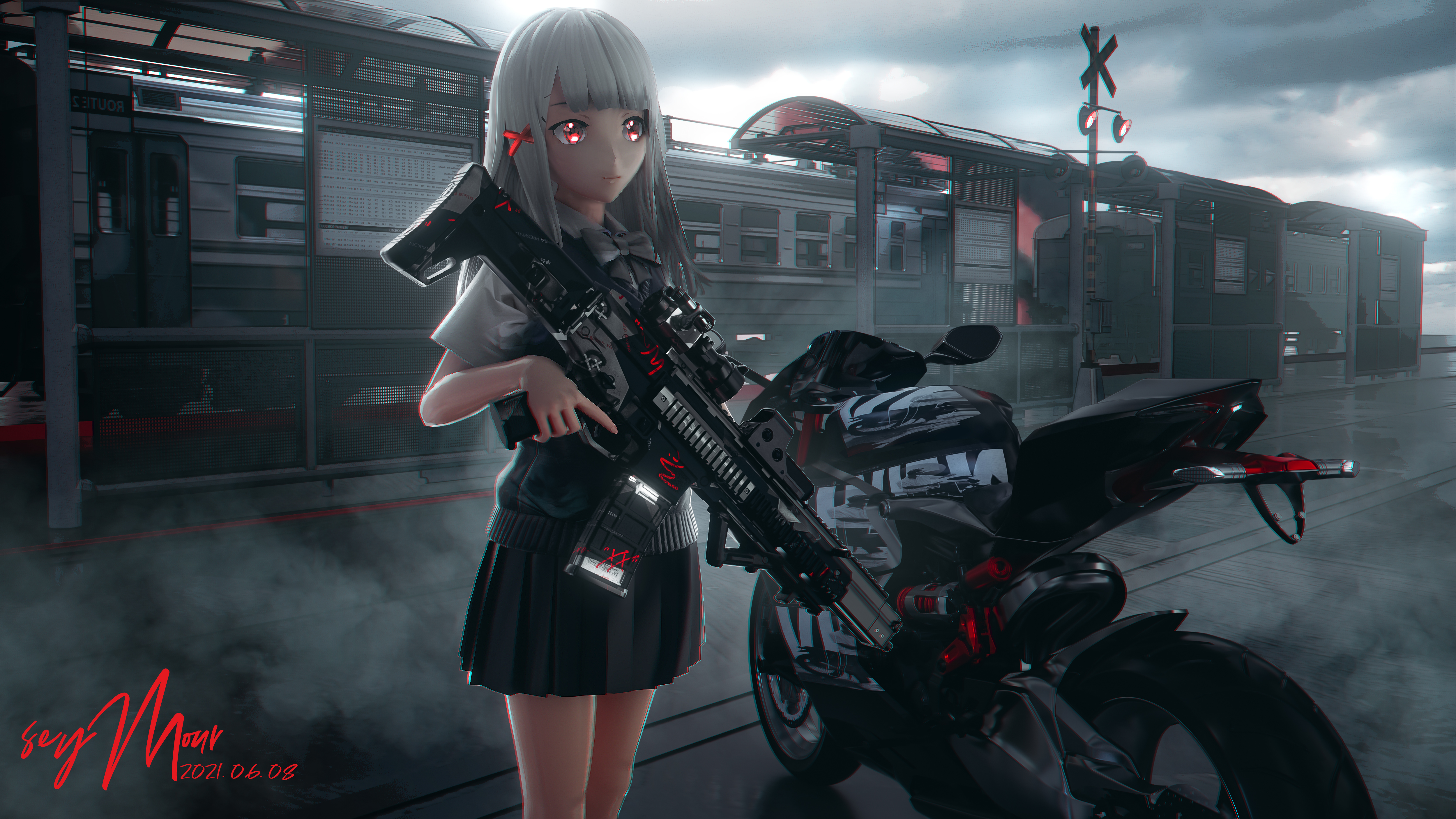 Anime Anime Girls Seymour Gun Motobike 5000x2812