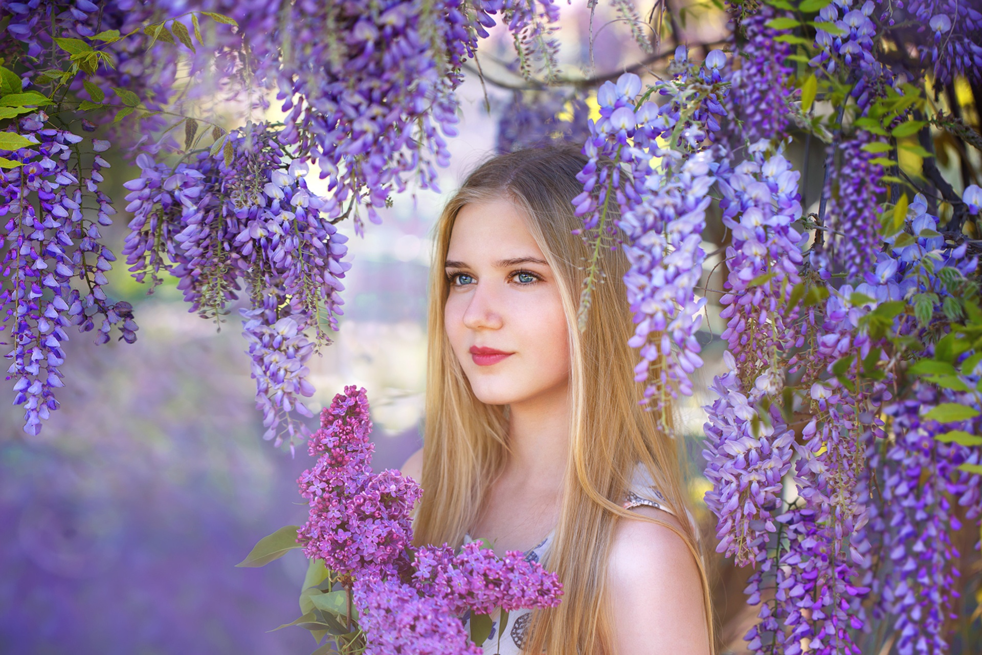 Woman Girl Blonde Long Hair Blue Eyes Wisteria Flower Lipstick 1920x1280