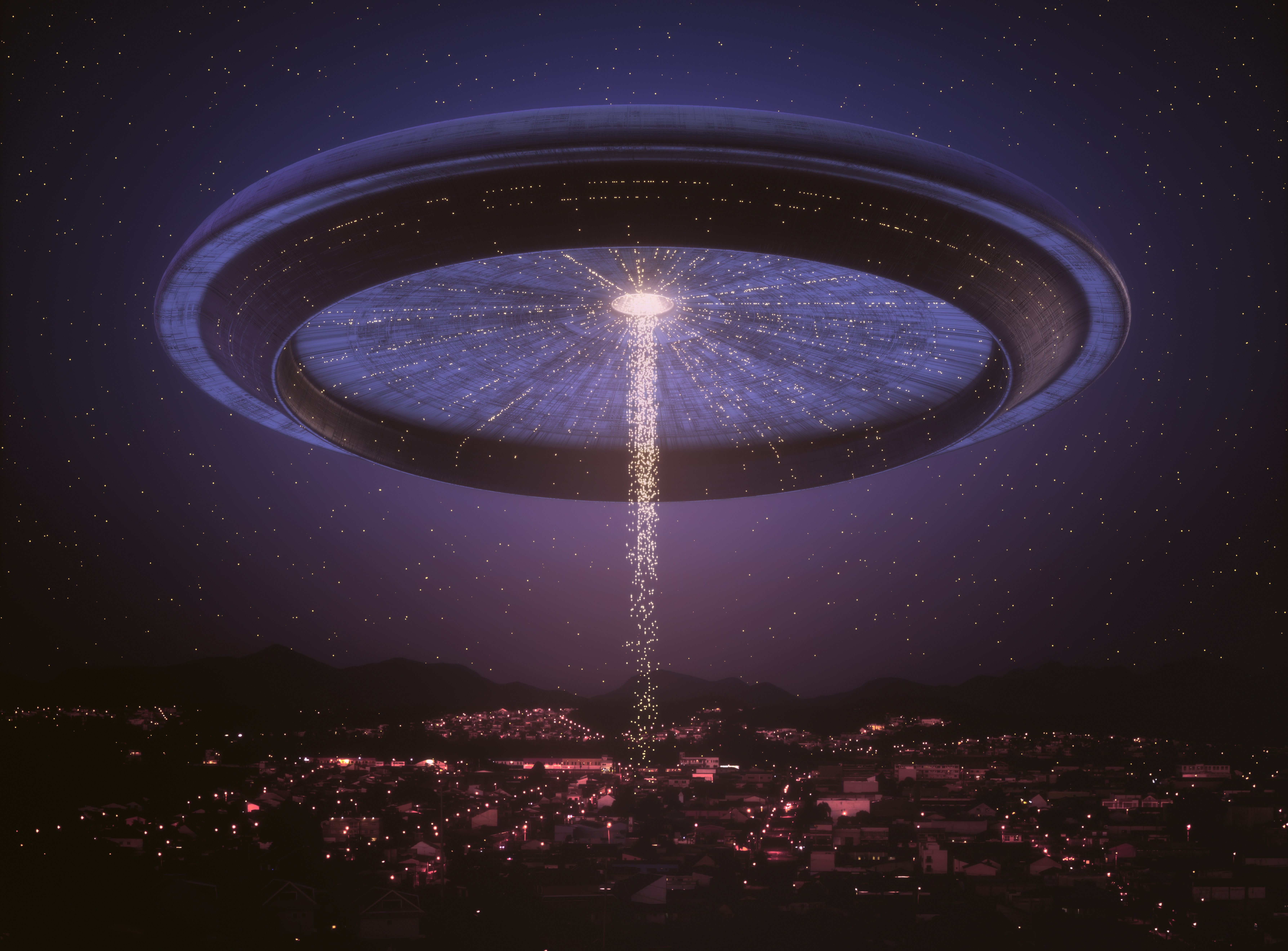 UFO Spaceship City Night Futuristic Science Fiction Stars Lights Floating Particles Artwork 7150x5280