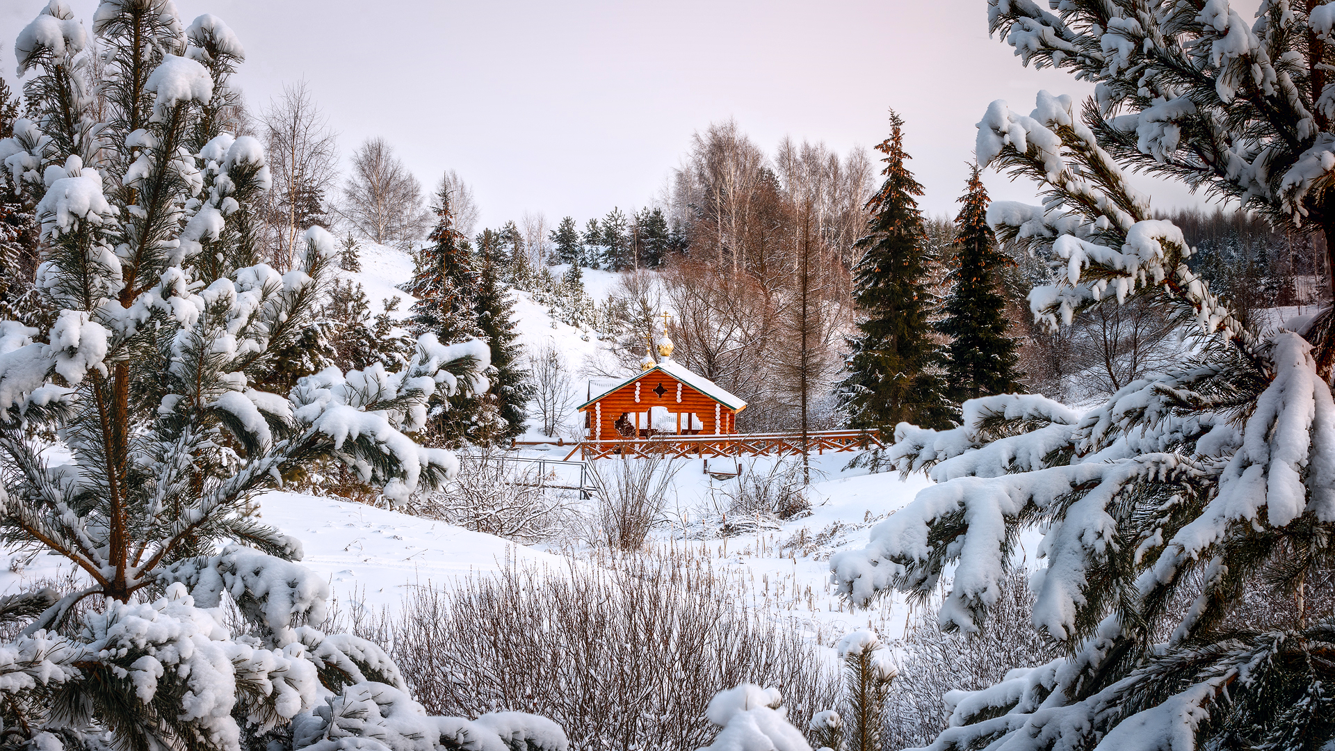 Snow Cabin Bridge Trees Photography Landscape Winter Outdoors Nature 1920x1080