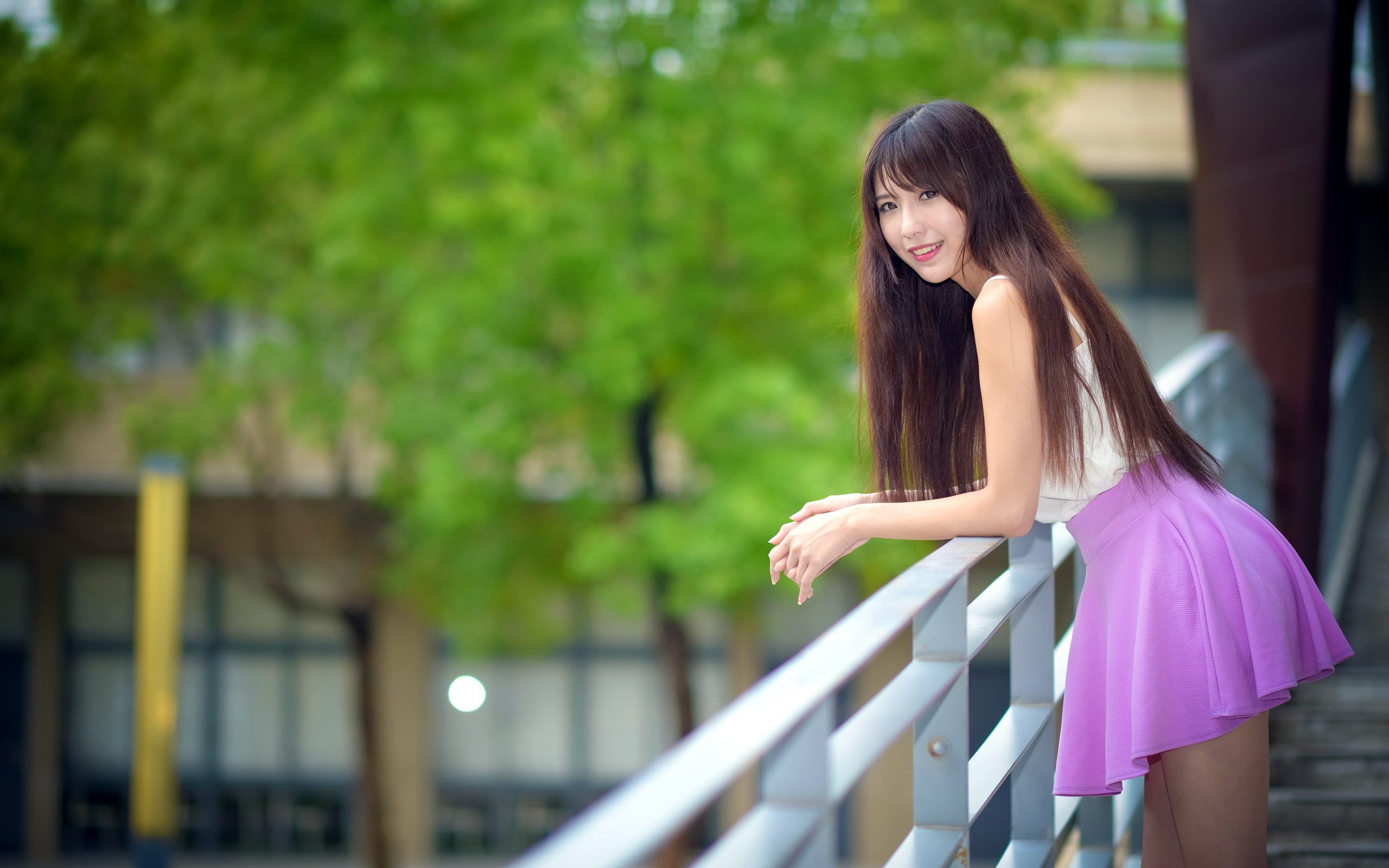 Asian Model Women Long Hair Dark Hair Depth Of Field Skirt White Shirt Leaning Railings Trees Leaves 2560x1600
