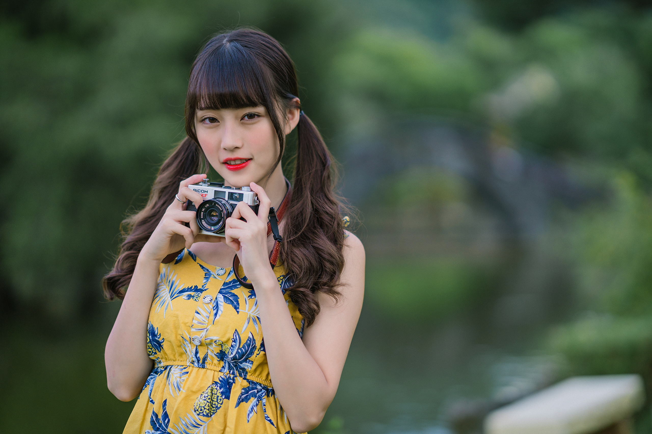 Asian Model Women Long Hair Dark Hair Depth Of Field Camera Flower Dress Twintails 2560x1707