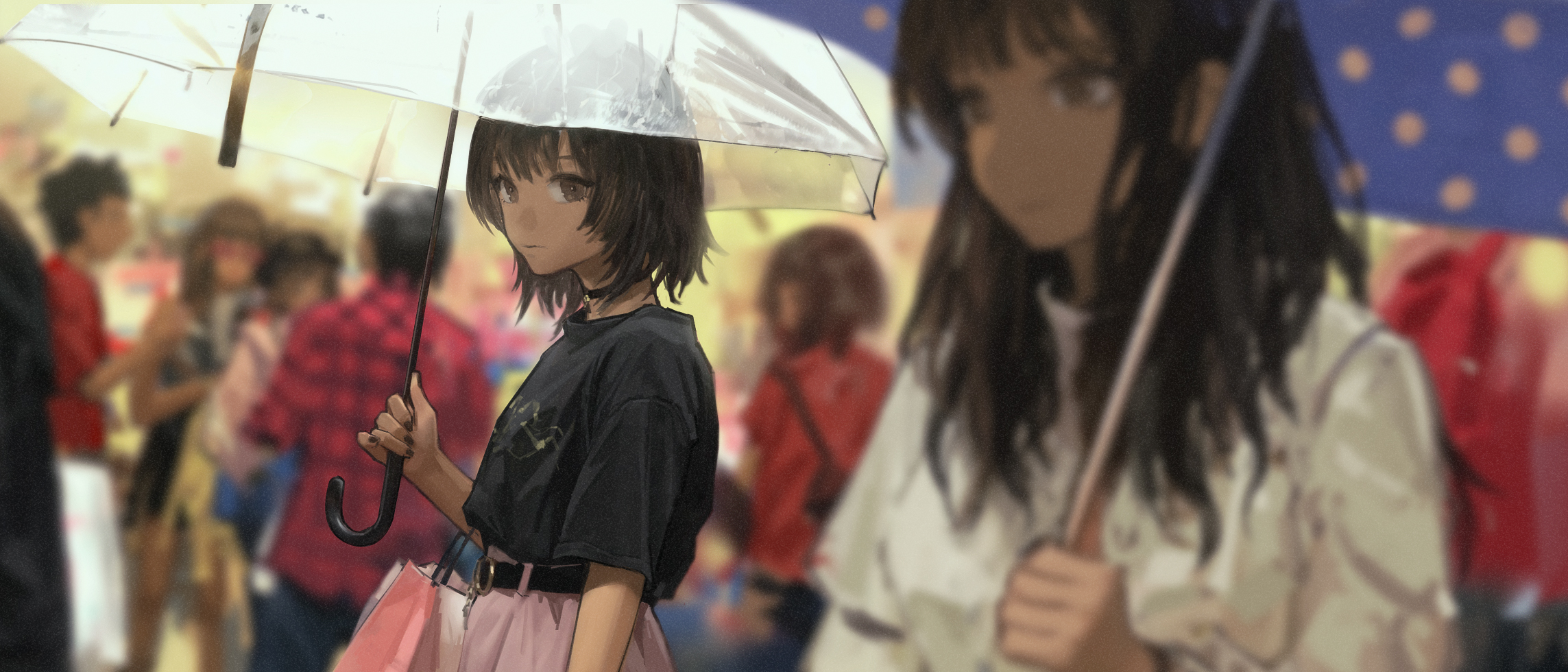 Anime Anime Girls Short Hair Brunette Women With Umbrella Blurry Background 2D Black Shirt Brown Eye 2287x980