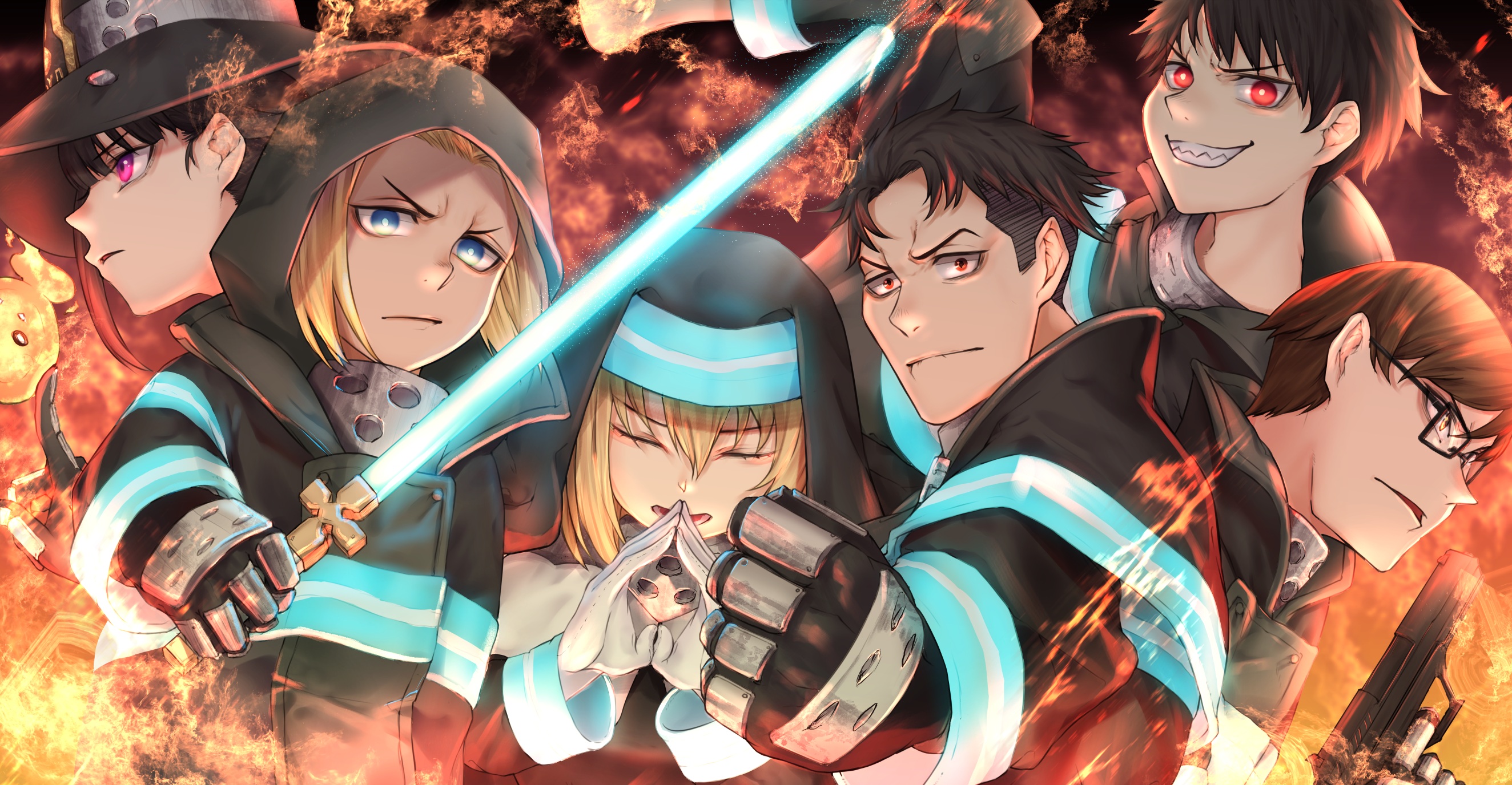 Akitaru Oubi Arthur Boyle Iris Fire Force Maki Oze Shinra Kusakabe Takehisa Hinawa 2648x1376