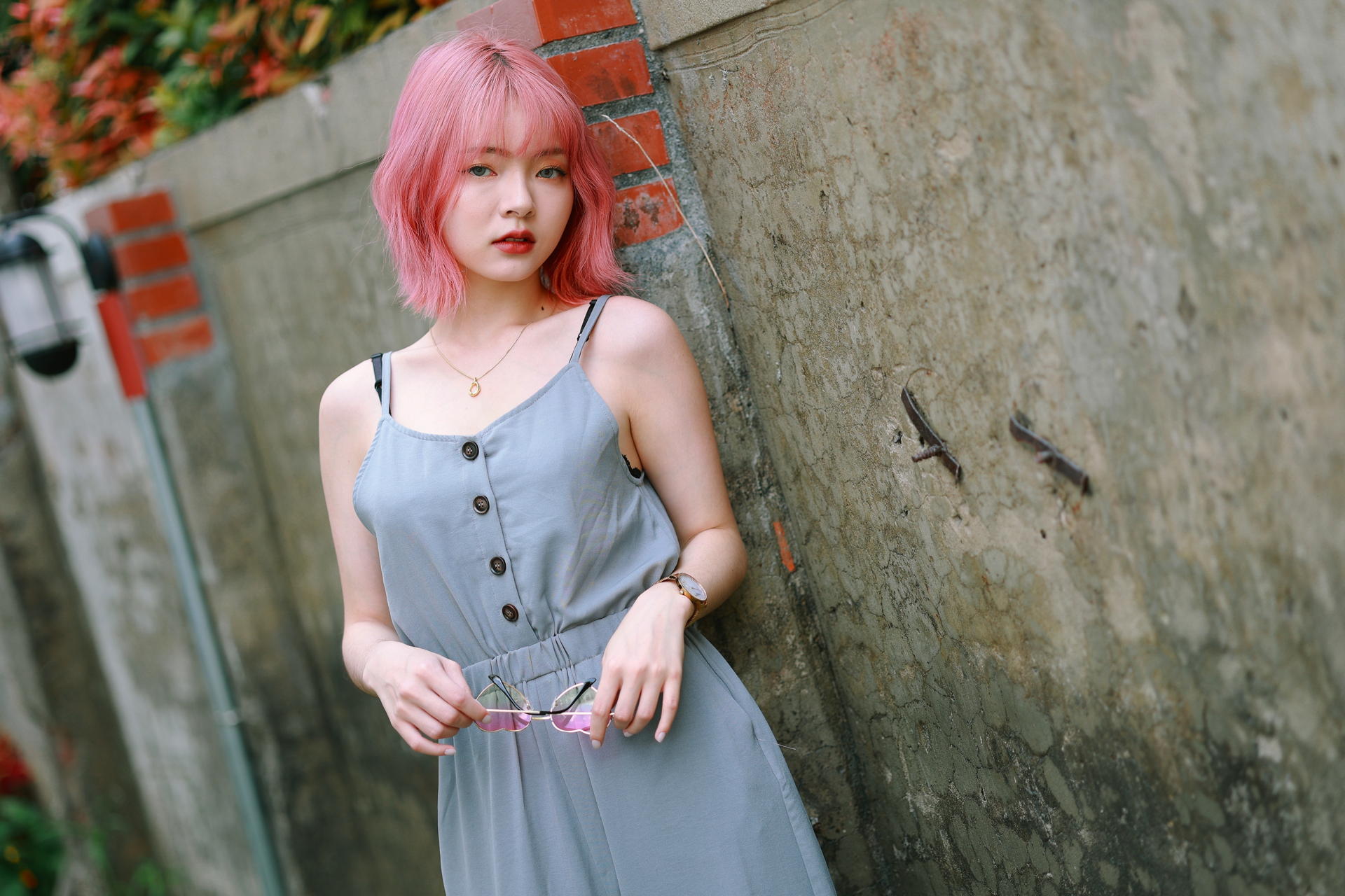 Asian Model Women Pink Hair Grey Dress Necklace Wristwatch Wall Bricks Depth Of Field Sunglasses Lam 1920x1280