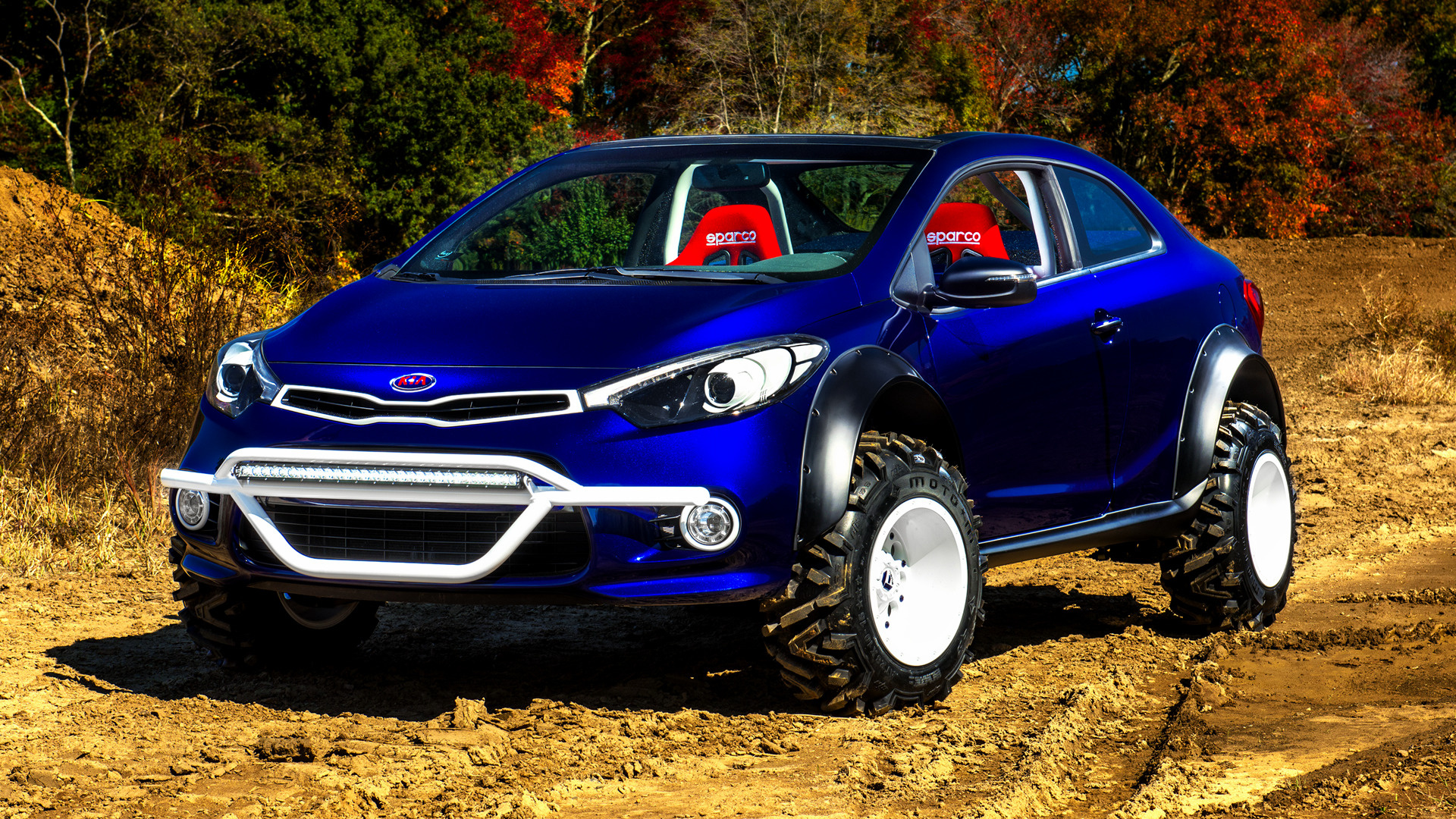 Kia Forte Koup Mud Bogger By Lux Motorwerks Compact Car Off Road Tuning Blue Car Car Coupe 1920x1080