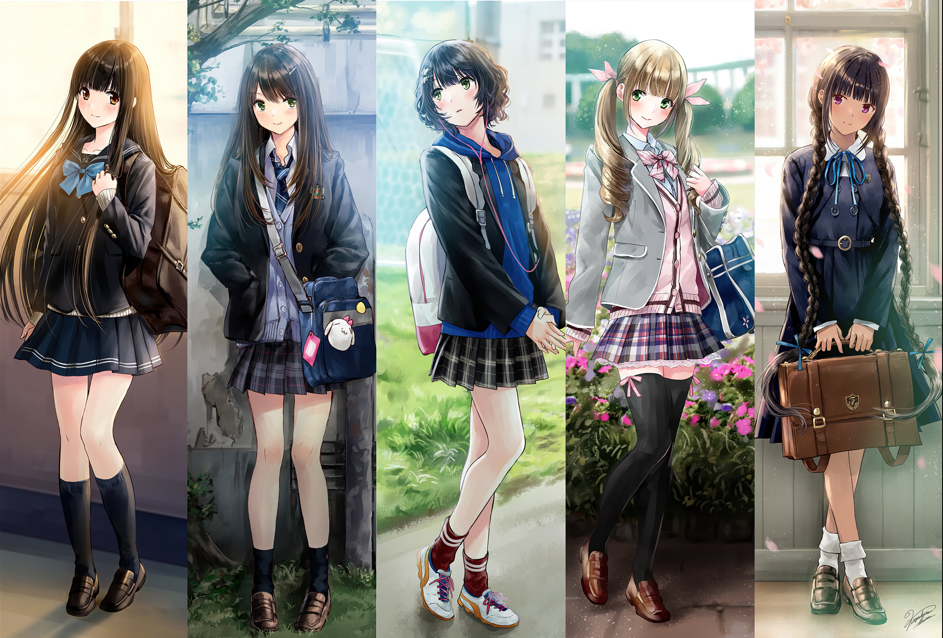 Anime Anime Girls Original Characters Artwork Kazuharu Kina School Uniform Long Hair Short Hair Brai 3194x2160