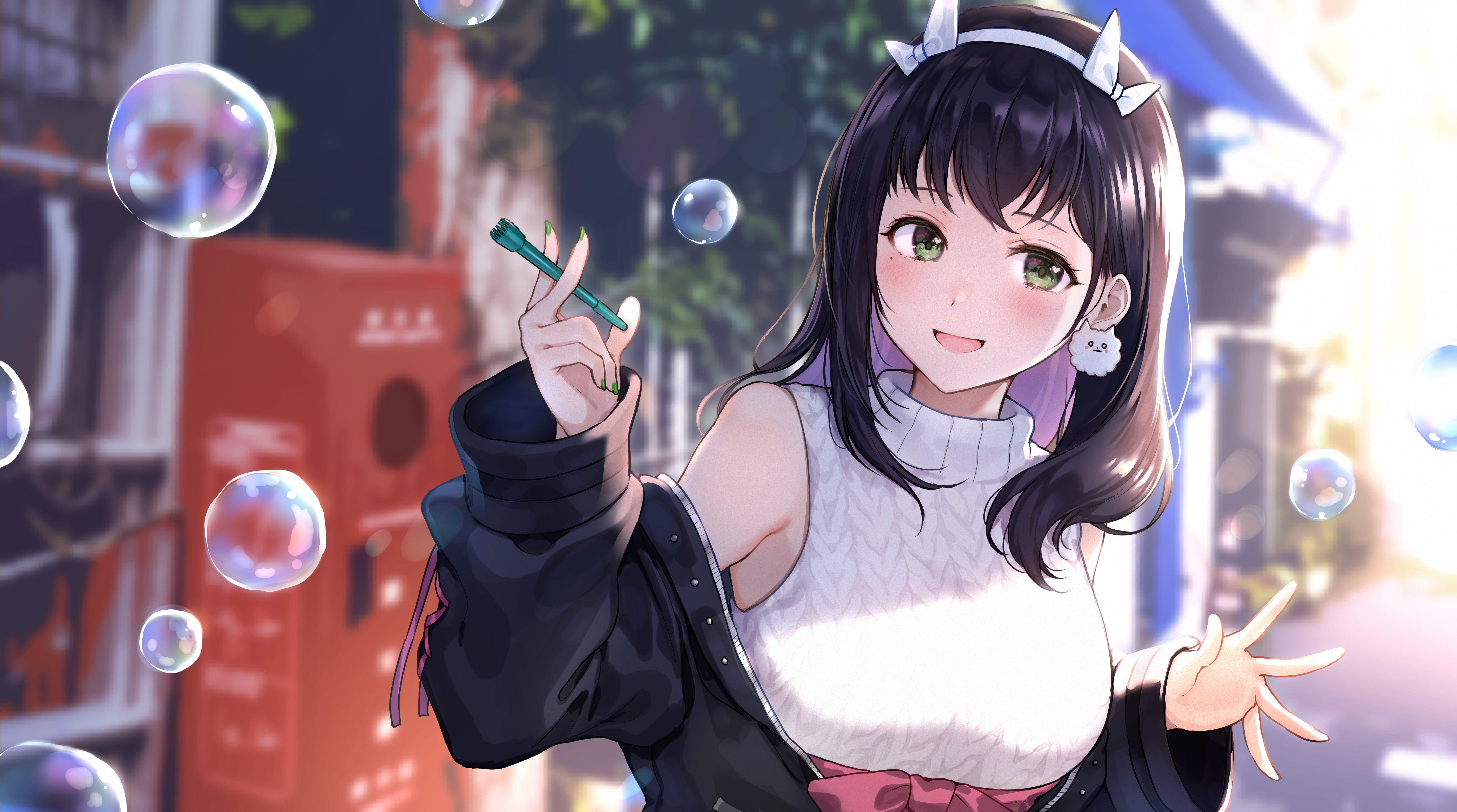 Anime Girls Smile Bubble Green Eyes Bangs Dark Hair Nishizawa Artwork Shoulder Length Hair 5469x3048