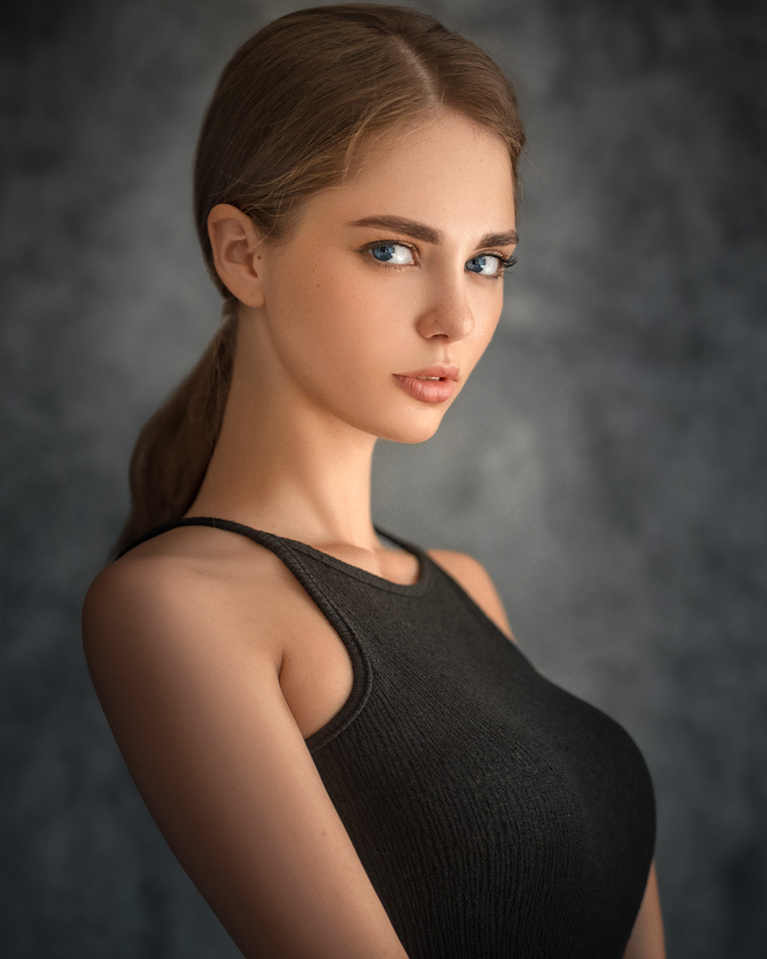 Evgeny Sibiraev Women Brunette Looking At Viewer Blue Eyes Black Clothing Portrait Simple Background 1080x1350