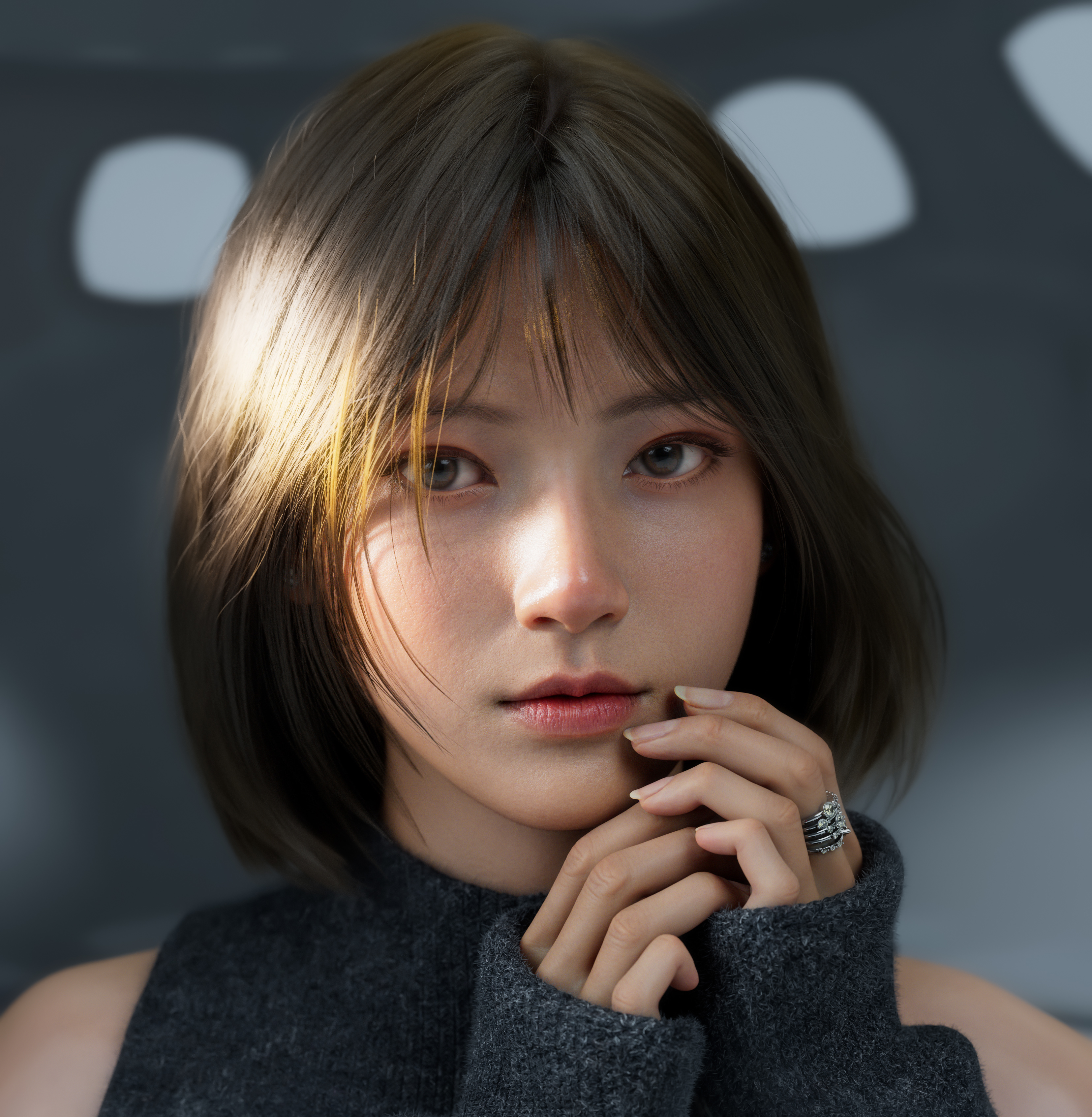 Glow Zhao CGi Brunette Women Asian Portrait Rings Sweater Simple Background 3312x3386