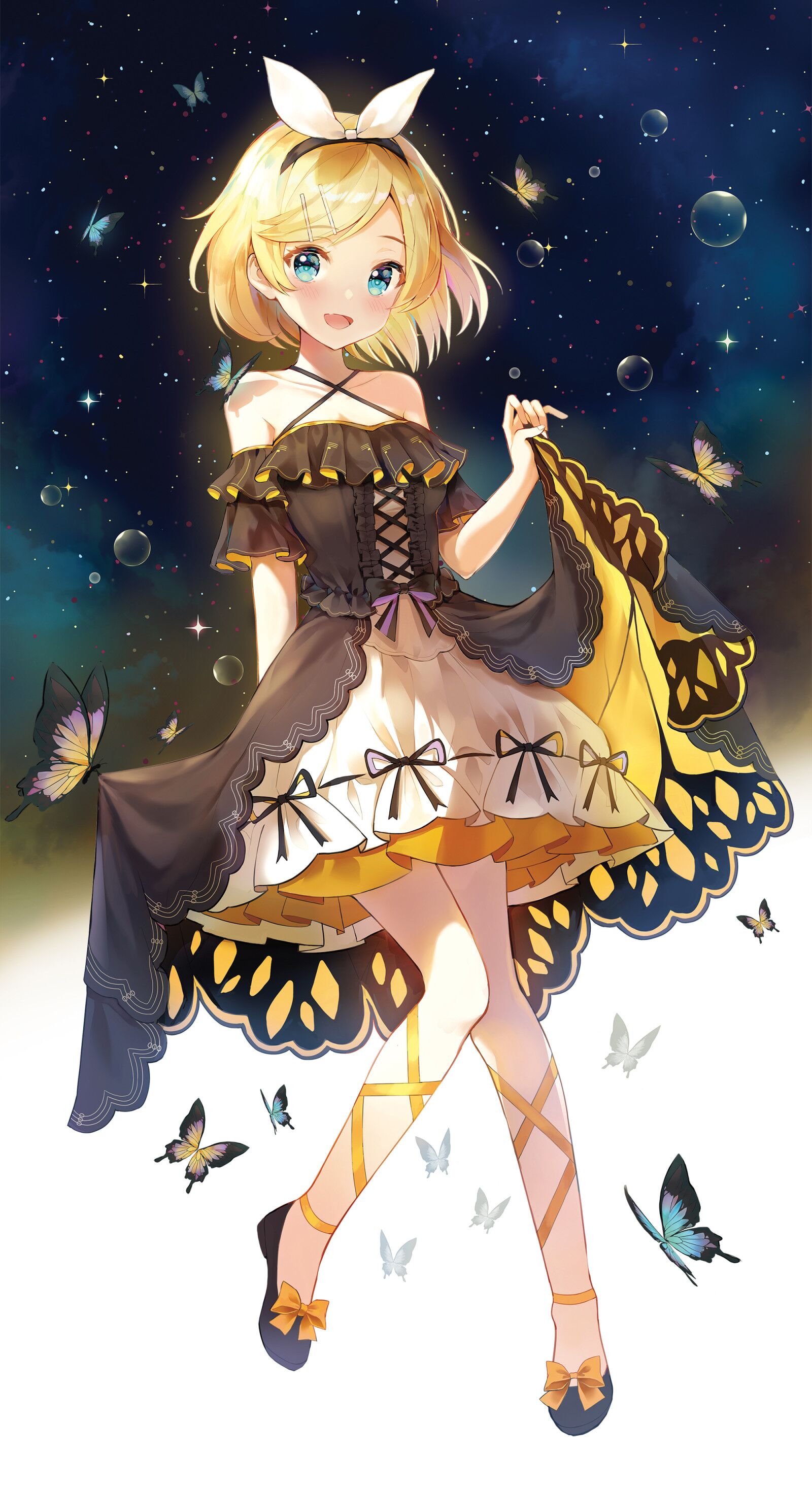 Anime Anime Girls Vocaloid Kagamine Rin Butterfly Dress Blonde Short Hair Blue Eyes Artwork Yuna Pan 1600x2932