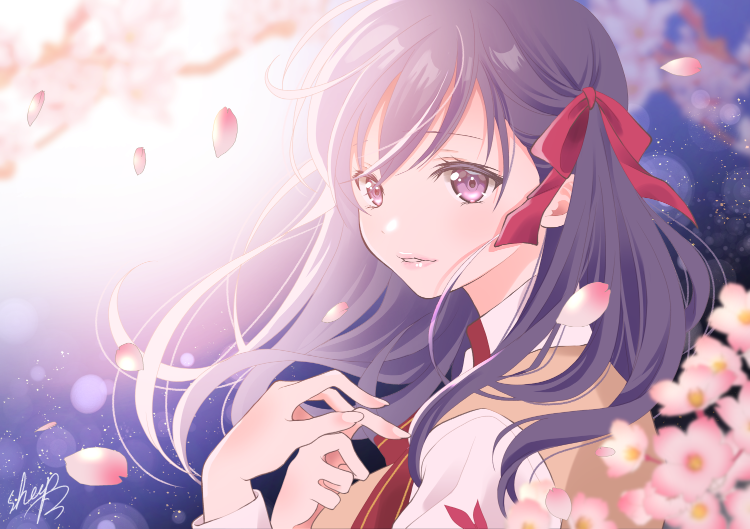 Anime Anime Girls Purple Eyes Long Nails Petals Ribbons Purple Hair Long Hair Flowers School Uniform 1500x1059