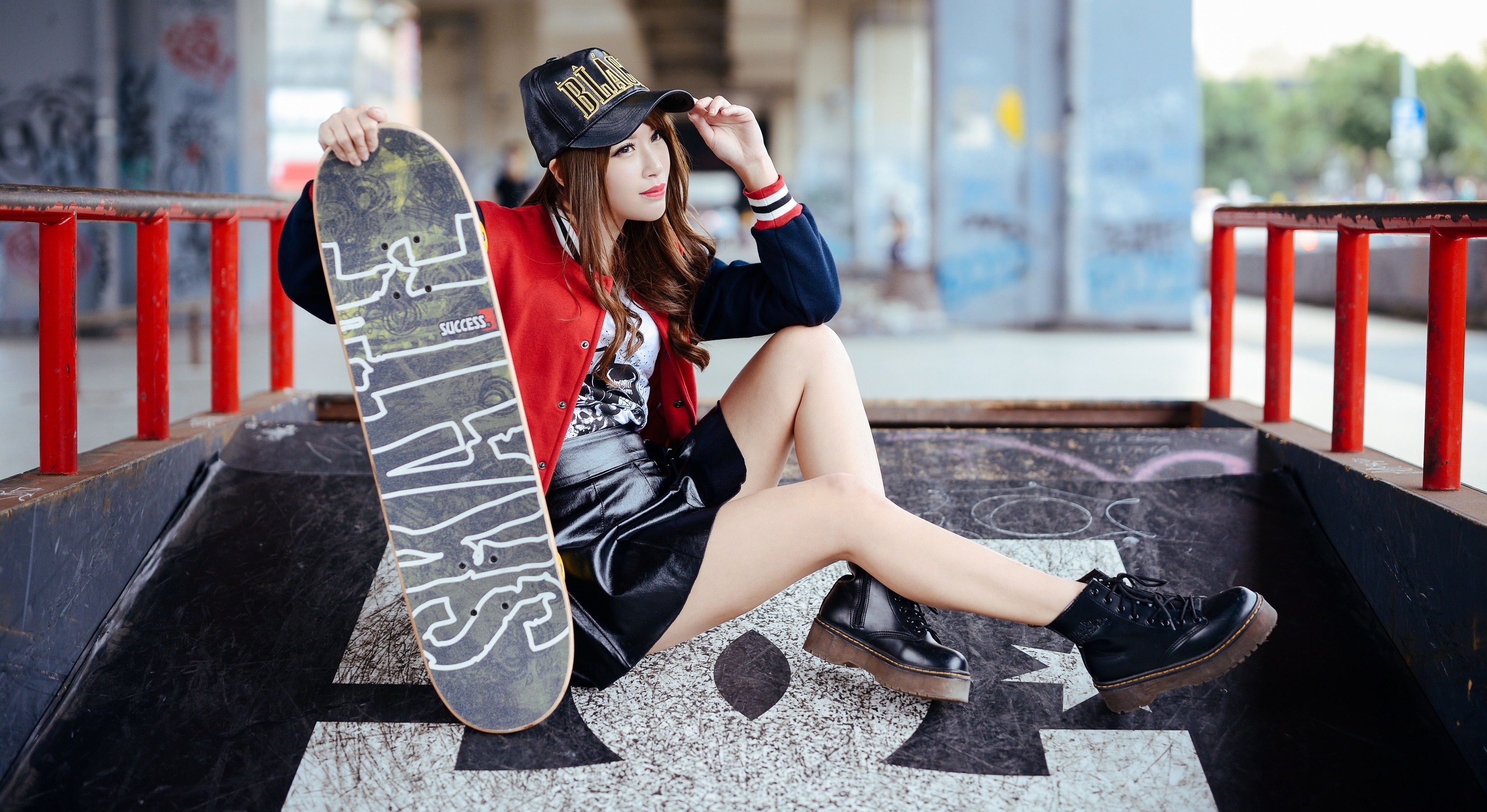 Asian Model Women Long Hair Dark Hair Sitting Skateboard Black Skirts Ankle Boots Jacket Baseball Ca 3554x1942