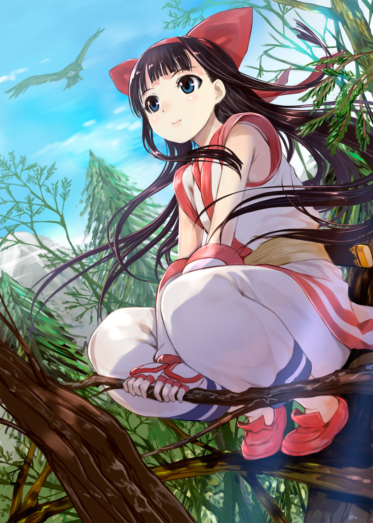 Samurai Shodown Nakoruru Eagle Blue Eyes Anime Girls Long Hair Mikazuki Akira Trees 1280x1796