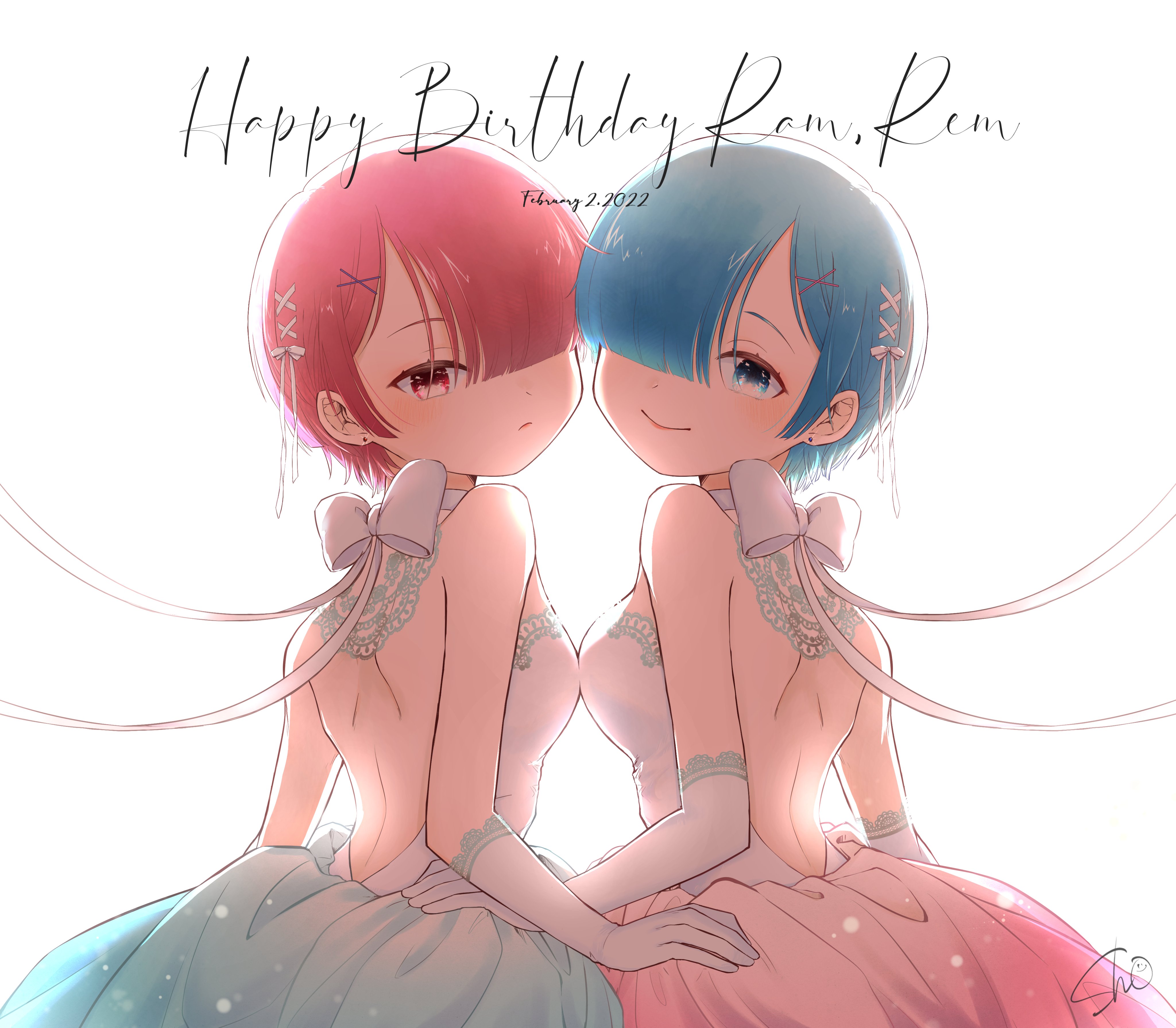 Happy Birthday Re Zero Kara Hajimeru Isekai Seikatsu Rem Re Zero Ram Re Zero Twins Blue Hair Pink Ha 4096x3581